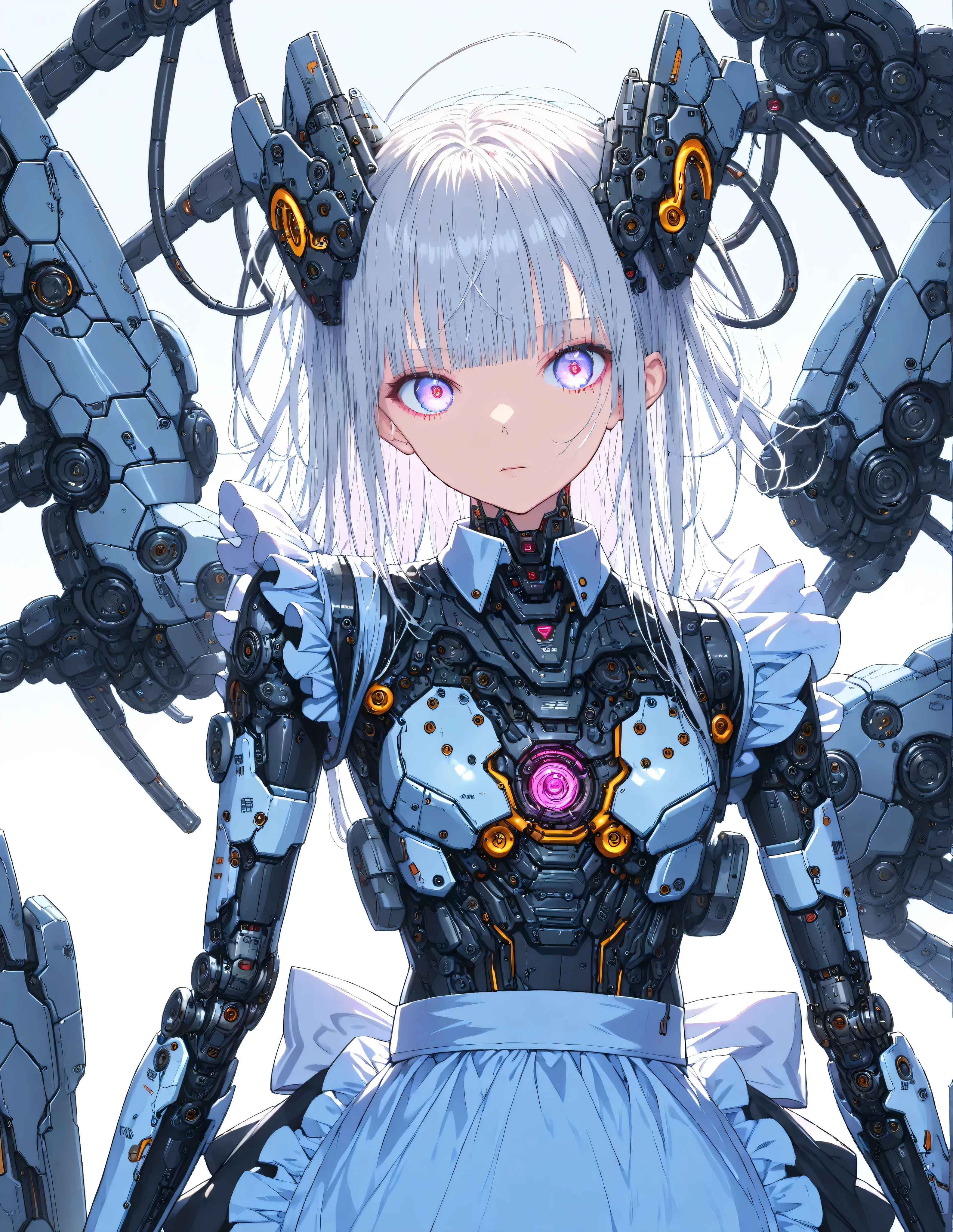 Masterpiece,Top quality,High resolution,Super definition illustration,detailed background,detailed skin,detailed face,detailed eye,front view,sci-fi,cyberpunk,1-girl,cyborg,(skinny:1.2),small chest,(expressionless:1.2 ),(maid:1.6),(maid apron:1.4), silver hair, white eyes,(internal machine visible through gap in body:1.4),(mechanical power suit:1.4),(mechanical joints:1.2),(mechanical body suit, mechanical arm, mechanical wing:1.2),
(Mechanical Background:1.4),White Background,Metallic Luster,(Glowing Neon:1.2), Cinematic Angle