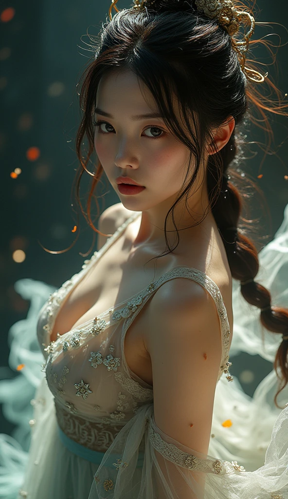 Cute and big, 10 years old, Elementary school girls, Exquisite figure,White translucent dress,Open to waist,no underwear,Areola visible,White translucent clip, (Breast close-up), , sit on mat,spread your legs,The camera focuses on between the legs, double ponytail, , (High color saturation:1.0), (highly refined skin), (best quality:1.0), (ultra high resolution:1.0) ,(photographic realism:1.0), (Super detailed:1.0), (8K, RAW photos:1.1),(Smile:1.0),lifestyle, F / 4.0, Canon, touch hair with hands