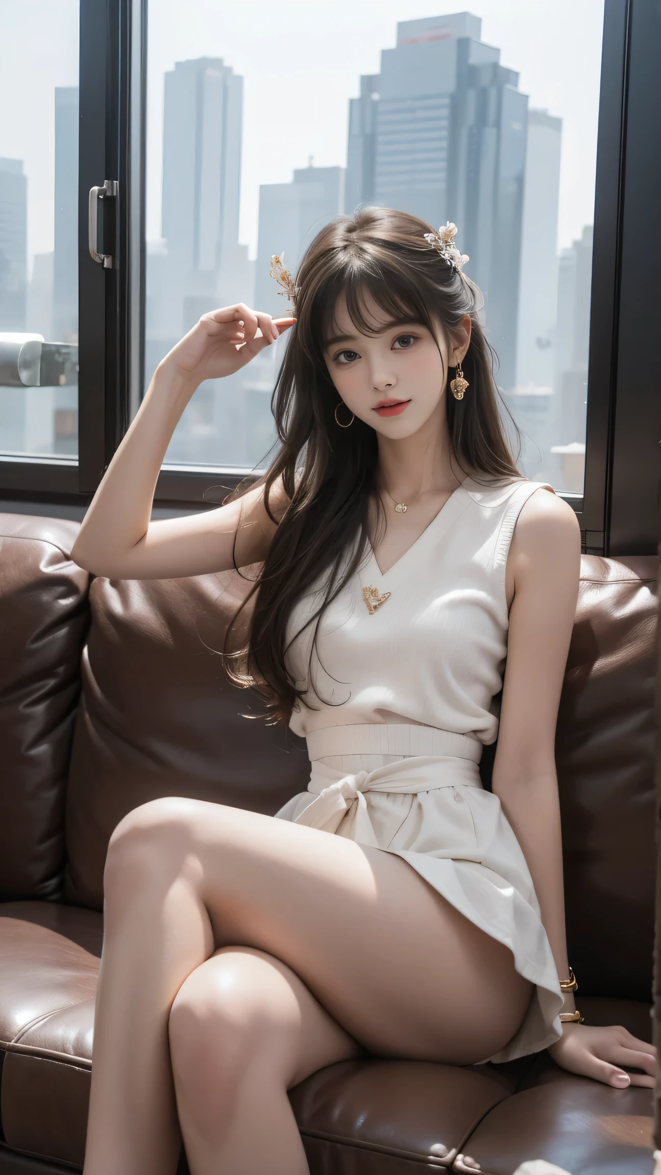best quality, masterpiece, 1 girl, Solitary, ferry, Long hair, ferryBase, Raise your legs, Bare shoulders, Jewelry, sleeveless, White Dress, Blue Skirt, Gloves, ground room, ground, wooden ground, sit, sit on ground, Place your hands on your legs, A faint smile, Soft Light, whole body, Wide hips, Medium breasts