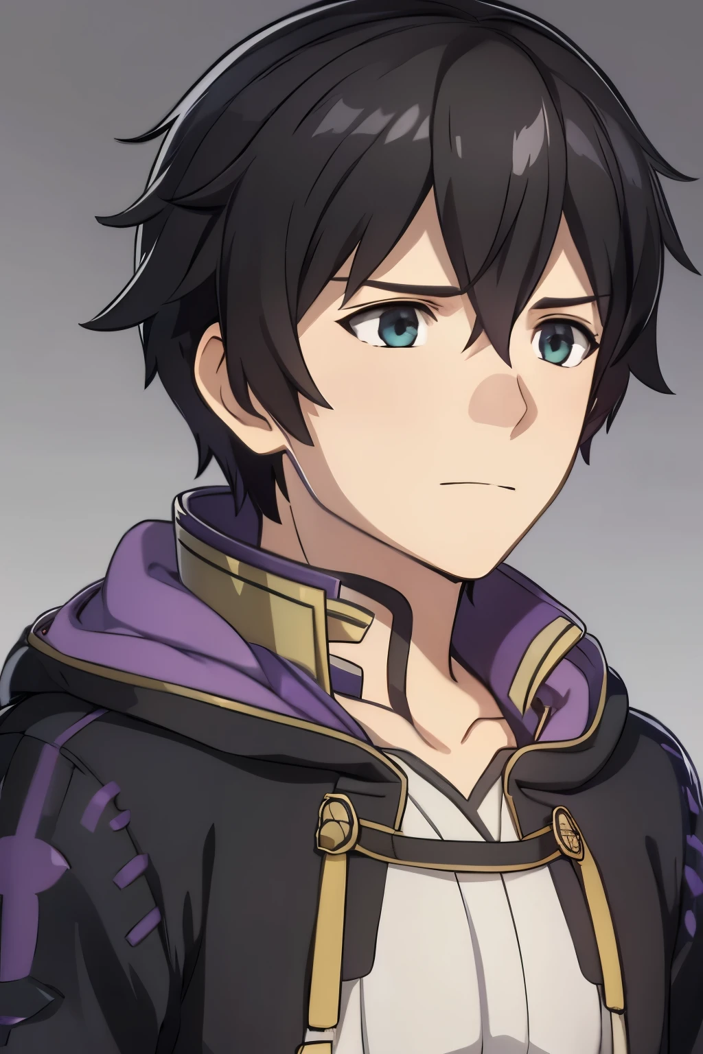 (high-quality, breathtaking),(expressive eyes, perfect face) 1boy, male, solo, portrait, Fire Emblem Awakening, Symmetrical Eyes, open field background, Robin (Fire Emblem: Awakening), black hair, medium hair length, messy wavy hair, hair ornament, upper body, green eyes, Black and purple robe, gold trim, hood, white shirt, brown belt, positive expression, soft cute smile, detailed eyes, short height, Cult of Grima, Fell Dragon Grima, Arms down, male robin (fire emblem), braided bang, ribbon in hair, grey background, gradient background
