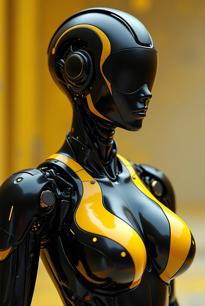 Make a robot with the body of a hot woman covered in honey, with big breasts and ass, with thick thighs, with the vagina of a human being, pointed at the camera
