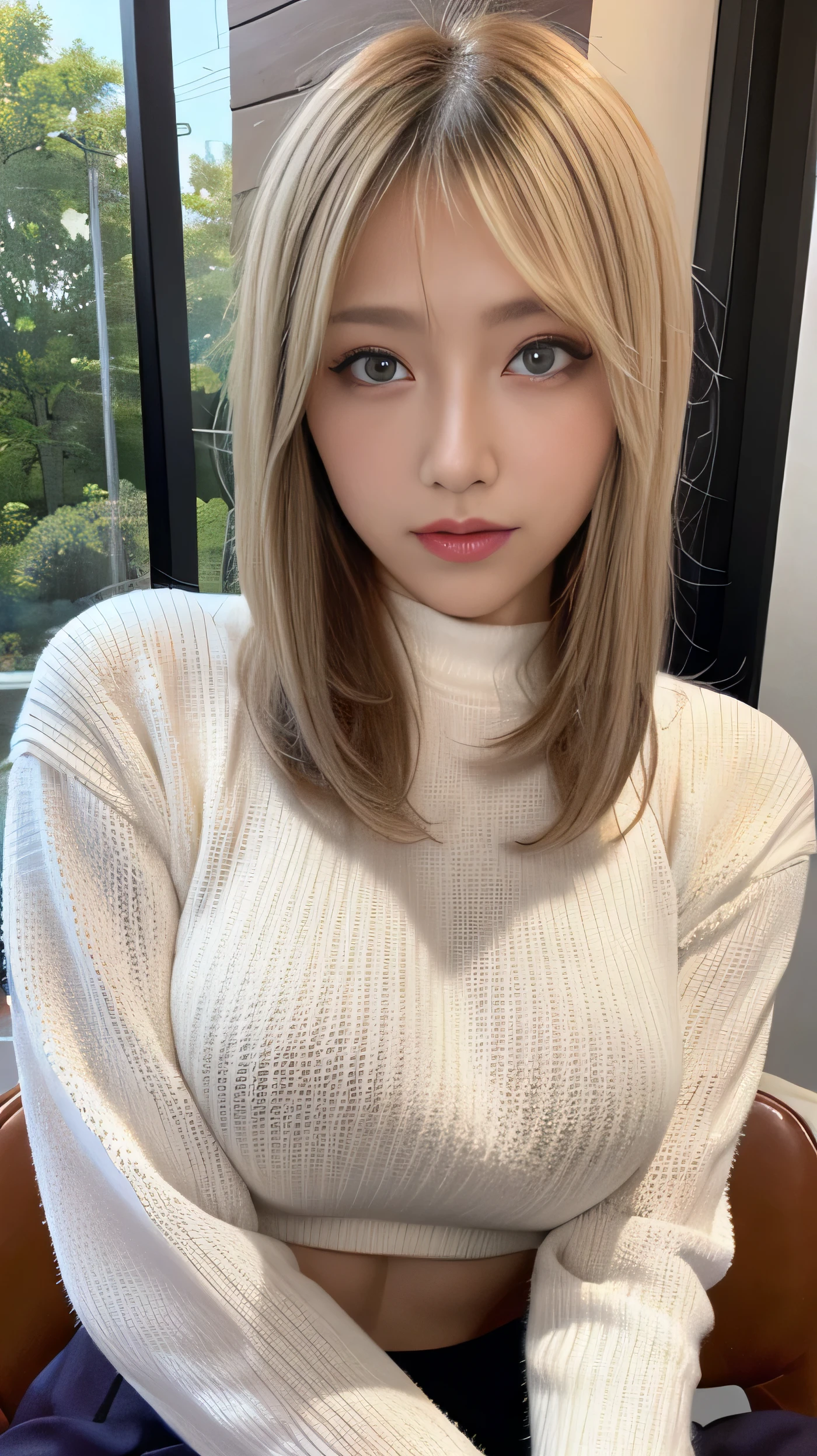 ( table top in front of you:1.3),  high definition ,  ultra detail,  Highly Detailed CG Unity 8K Wallpaper ,  realistic , Photographically,  RAW photo,  beautiful detailed face, 青 white skin,  realistic  glowing skin,  detailed cloth texture, Hair texture details,  perfect body,  beautiful face, Accurate,  anatomically correct,  High Definition Face and Skin Textures,  natural neck length with a cross-shaped iris, ( beautiful hands), ( white skin:1.2), Thin legs, Thin legs, break,erect nipple:1,2,hard nipple:1.2,big nipple:1.2, Layered Bob Hairstyle, ( blonde alone、Pink inside),  forest setting , Glowing purple eyes,   Masterpiece ,   best quality ,( realistic : 1.4),超 high definition , Unity 8K, (delicate beautiful eyes:1.6),Symmetric,  Highly Detailed Faces ,  Complete,Night view outside、 (  perfect hand,   perfect anatomy  ), (Night hotel room background:1.3), (( tight size long sleeve sweater 1.3)), ( on the body Be careful:1.3), ( Big Breasts ,  toned stomach  ), ( Big Breasts , H cup 1 .5 ), 