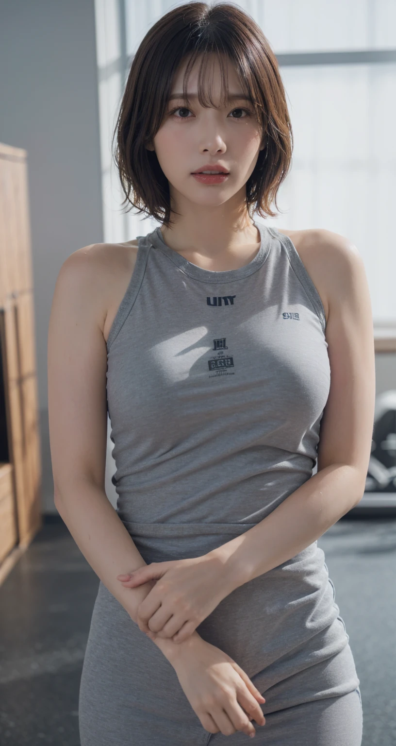 solo,  looks at you,  high definition , masterpiece,  anatomically correct, accurate,  best quality,  Ultra High Definition,  textured skin,  8k octane, Artistic, Cinematography, woman、 Big Breasts 、Instructor、Gym workout room 、((The garment is wet with sweat )), (((grey fitness wear with sweat fabric))),