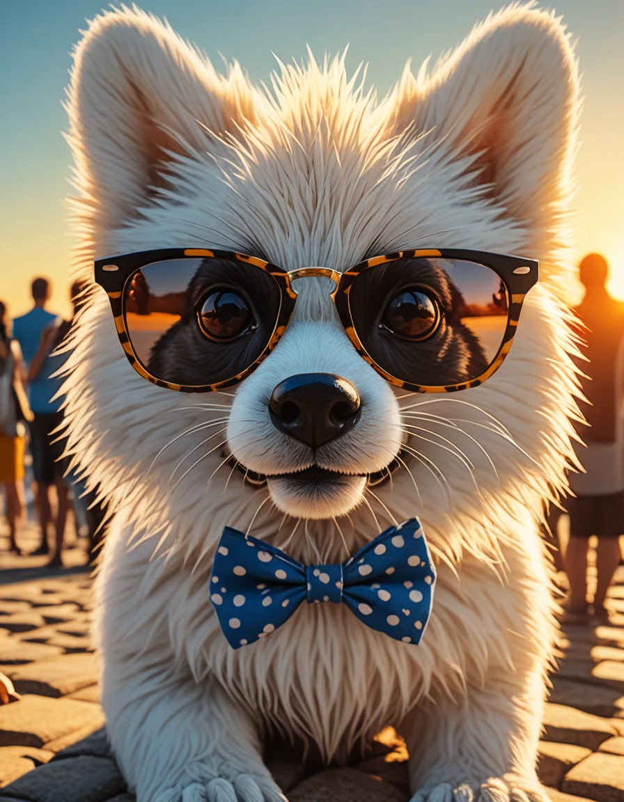  Style， This is a realistic close-up photo ， Depicts a cute trendy panda-themed Pomeranian puppy， wearing cat-eye sunglasses on the beach at sunset . Background surfing .  This 4K HD image is trending on Artstation ,  Recommended on Behance , well rendered, Extra crunchy ,   with intricate details and an unreal engine  ., Broken Temple ,  broken statue , Relics ,  forgotten worship , 