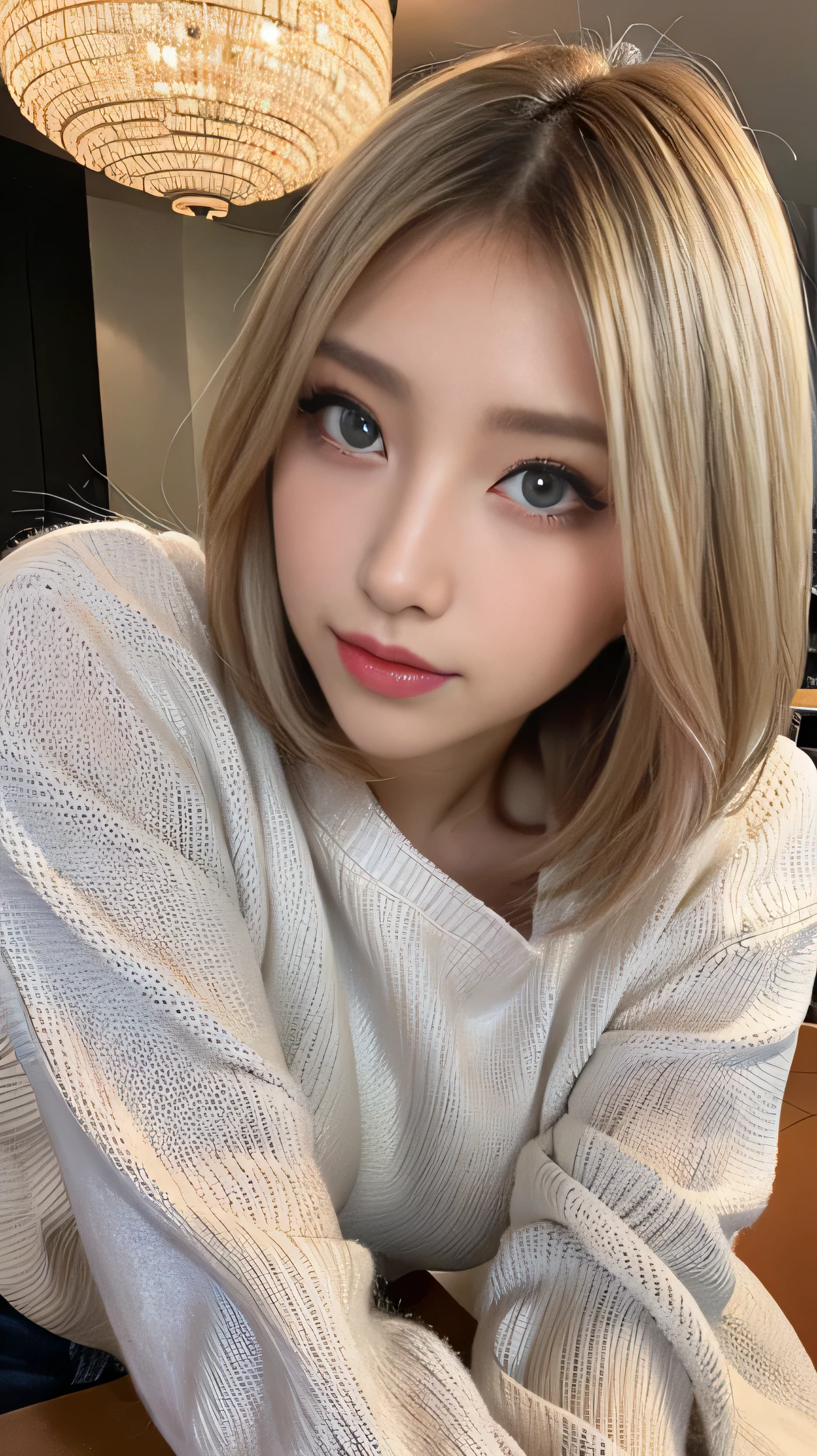 ( table top in front of you:1.3), high definition , ultra detail, Highly Detailed CG Unity 8K Wallpaper , realistic , Photographically, RAW photo, beautiful detailed face, 青 white skin, realistic glowing skin, detailed cloth texture, Hair texture details, perfect body, beautiful face, Accurate, anatomically correct, High Definition Face and Skin Textures, natural neck length with a cross-shaped iris, ( beautiful hands), ( white skin:1.2), Thin legs, Thin legs, break,erect nipple:1,2,hard nipple:1.2,big nipple:1.2, Layered Bob Hairstyle, ( blonde alone、Pink inside), forest setting , Glowing purple eyes, Masterpiece , best quality ,( realistic : 1.4),超 high definition , Unity 8K, (delicate beautiful eyes:1.6),Symmetric, Highly Detailed Faces , Complete,Night view outside、 ( perfect hand, perfect anatomy ), (Night hotel room background:1.3), (( tight size long sleeve sweater 1.3)), ( on the body Be careful:1.3), ( patty sweater 1.2 ), ( Big Breasts , H cup 1 .5 ),