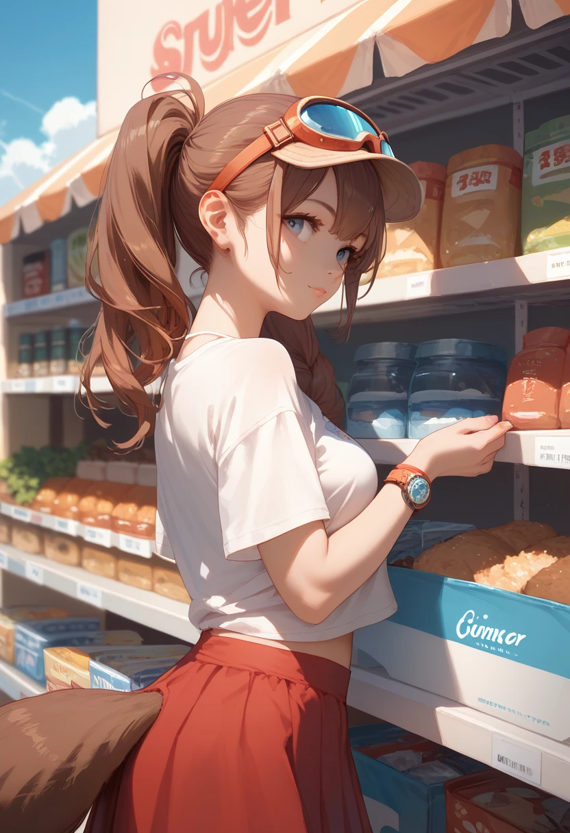 1 girl, solo, long  brown hair, ears and fluffy  tail like a tanuki, in a white T-shirt and a red skirt, Wearing stylish sun goggles,summer, go to shop