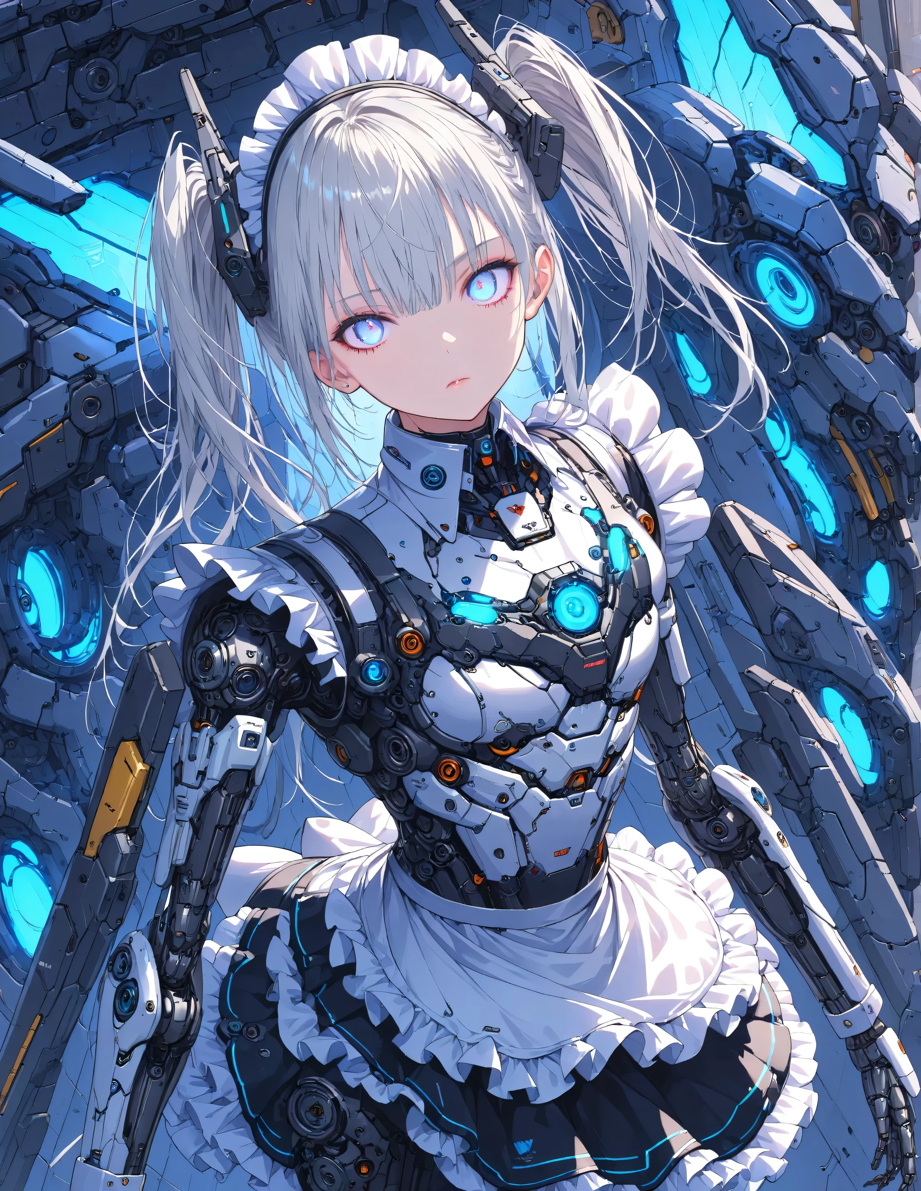 Masterpiece,Top quality,High resolution,Super definition illustration,detailed background,detailed skin,detailed face,detailed eye,sci-fi,cyberpunk,1-girl,cyborg,(skinny:1.2),small chest,(expressionless:1.2),(maid :1.6),(maid apron:1.4), silver hair, white eyes, some human skin,(mechanical power suit:1.4),(mechanical joints:1.2),(mechanical body suit, mechanical arms, mechanical wings:1.2),
(Mechanical Background:1.4),(Mechanical Background:1.4), Android Laboratory, Metallic Luster,(Glowing Neon:1.2), Cinematic Angle