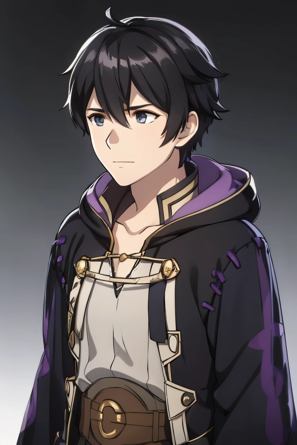 (high-quality, breathtaking),(expressive eyes, perfect face) 1boy, male, solo, portrait, Fire Emblem Awakening, Symmetrical Eyes, open field background, Robin (Fire Emblem: Awakening), black hair, medium hair length, spiked wavy hair, hair ornament, upper body, green eyes, Black and purple robe, gold trim, hood, white shirt, brown belt, positive expression, soft cute smile, detailed eyes, short height, Cult of Grima, Fell Dragon Grima, Arms down, male robin (fire emblem), braided bang, ribbon in hair, grey background, gradient background
