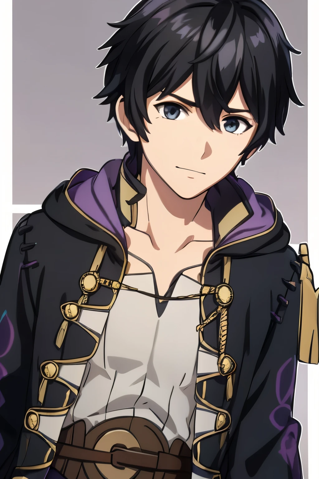 (high-quality, breathtaking),(expressive eyes, perfect face) 1boy, male, solo, portrait, Fire Emblem Awakening, Symmetrical Eyes, open field background, Robin (Fire Emblem: Awakening), black hair, medium hair length, spiked wavy hair, hair ornament, upper body, green eyes, Black and purple robe, gold trim, hood, white shirt, brown belt, positive expression, soft cute smile, detailed eyes, short height, Cult of Grima, Fell Dragon Grima, Arms down, male robin (fire emblem), braided bang, ribbon in hair, grey background, gradient background
