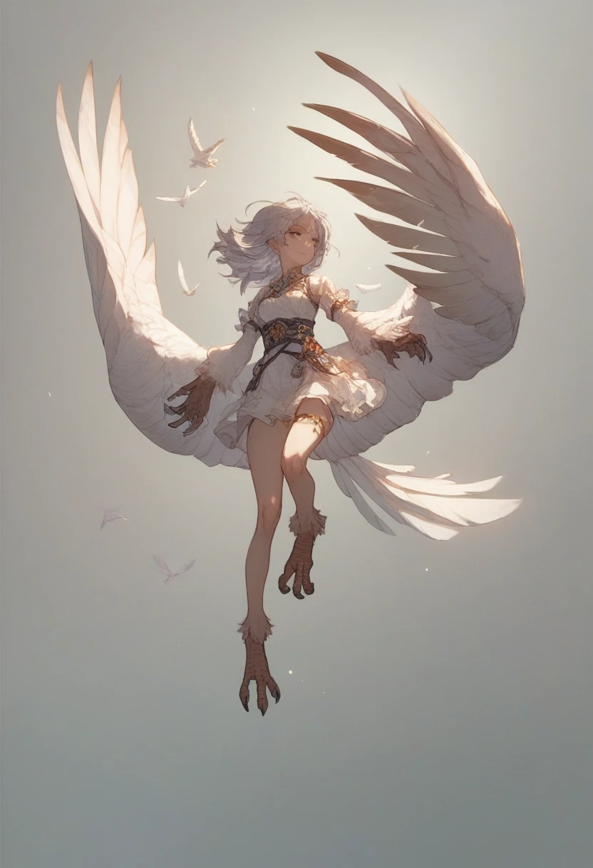 Harpie、full body、1 Girl、 silver hair、white feathers mixed with black、 bird foot、Wing wrist