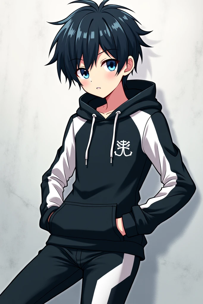 Anime boy with black hair and blue eyes and wearing a black and white ...