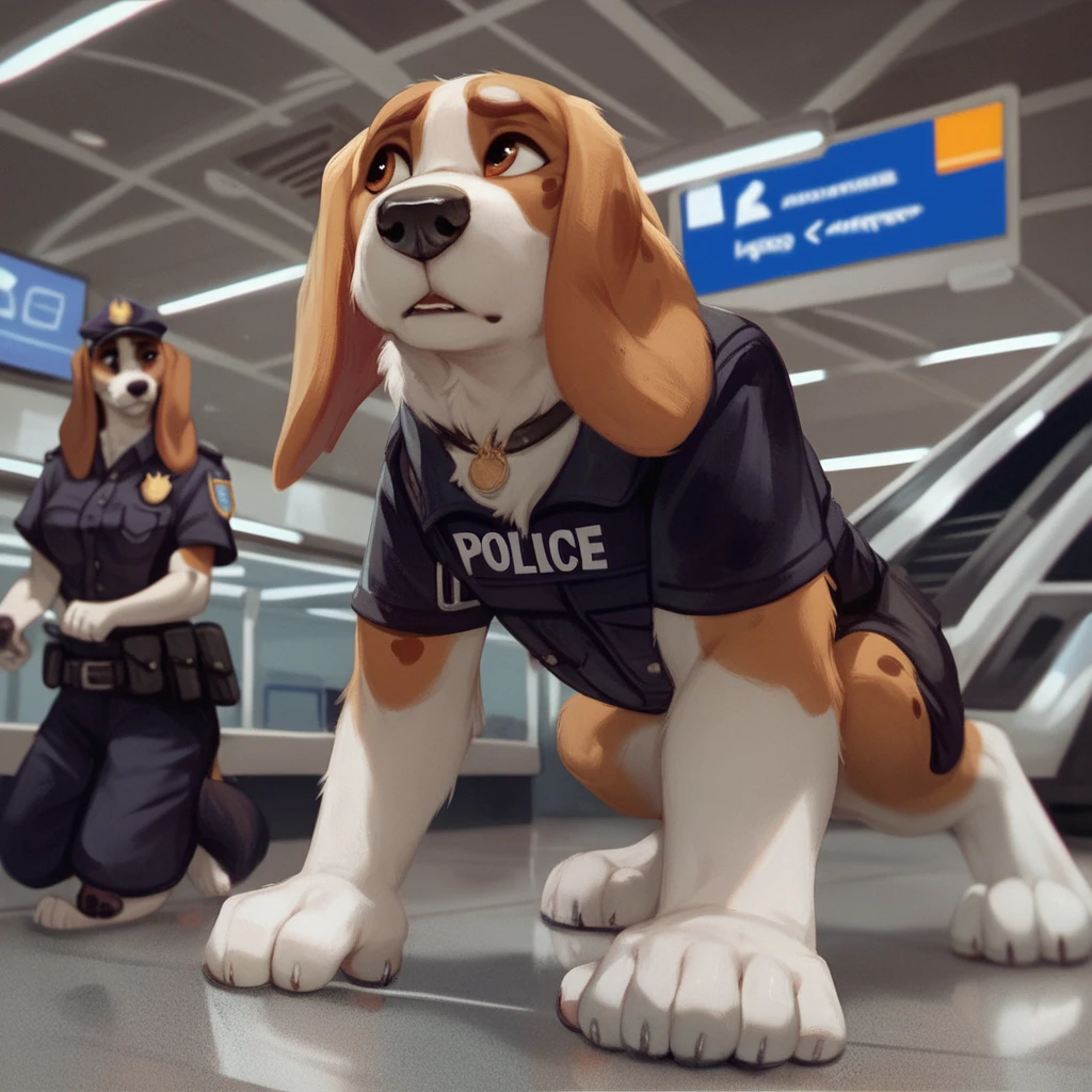 score_9, score_8_up, score_7_up, score_6_up,  adult, anthro, furry, beagle, wearing a black police vest, airport cargo room, walking on all fours, crouching, quadruped 