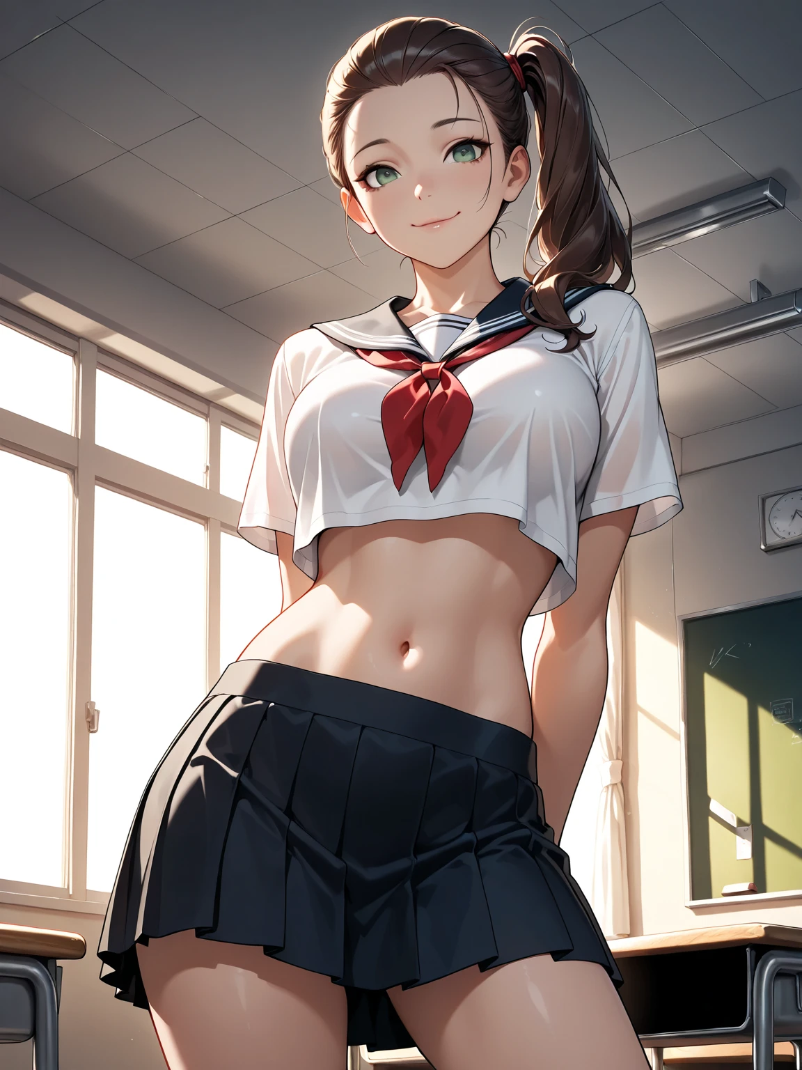 masterpiece, best quality, very aesthetic, realistic, 2.5d, Sharp Focus, high contrast, 1lady, JK, detailed green eyes, half opened mouth, smile, dark brown silky hair, hair pulled back, side ponytail, contrapposto, hands behind back, navel, Captivating thighs, knee, classroom, (sheer crop top white shirt), sailor suit, pleated skirt, red ribbon tie