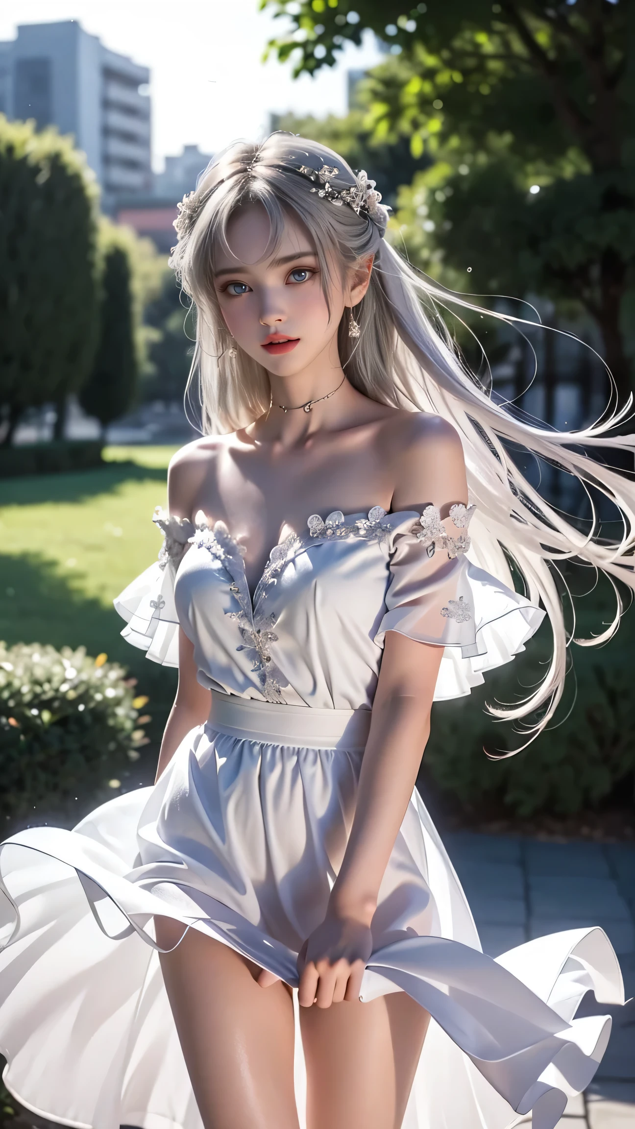 Top quality work、Real Movies 、Ultra Premium Graphics、8K HD CG Works、High Quality Graphics、High-definition CG works、10x pixels、Ultra-fine detail：1.1、Advanced Technical Details：1. 1 PhotoReal、（ walking in the park）Natural light：1.5.Light Effects（ virtual light effects ：1.8）、 Wet Long Silver Hair、Silver Hair、Transparent hair、Highly detailed hair（Premium Hair Detail：1. 1）Clear Eyes、Beautiful double eyelids、Sharp eye makeup、Delicate eyelash makeup、Thin eyebrows、Eye for detail、High nose、Nice red lips、Rosy Cheeks、Delicate makeup face、Cute Face、Perfectly Proportioned Face、（Advanced Facial Detail：1. 1）、Shine、（Off-the-shoulder semi-transparent white floral dress）、girl、photo shoot、woman＆＃39； Work of、whole body、Real、wonderful、My eyes are shining today、、(Sudden、Wind)、(The wind flips my skirt up)、(I can see her panties)、。

