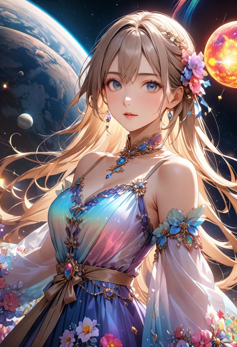  best quality,  best quality, 8k,  very detailed, Delicate, dynamic  ,  Very Delicate Expression ,  delicate eye depiction,  upper body close-up, Healthy body shape, 22-year-old woman, Aristocratic woman,  170 cm , Colorful floral decoration, Wrap the whole body in a translucent cloth, Colorful long dresses,  I'm looking at this,  starry sky , meteor, planet,  detailed illustrated art including backgrounds,