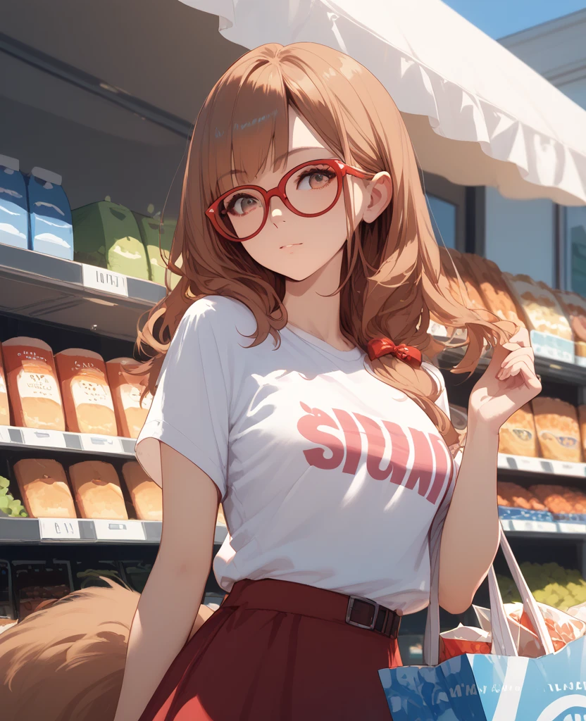 1 girl, solo, long brown hair, ears and fluffy tail like a tanuki, in a white T-shirt and a red skirt, Wearing stylish sun glasses, go to shopping