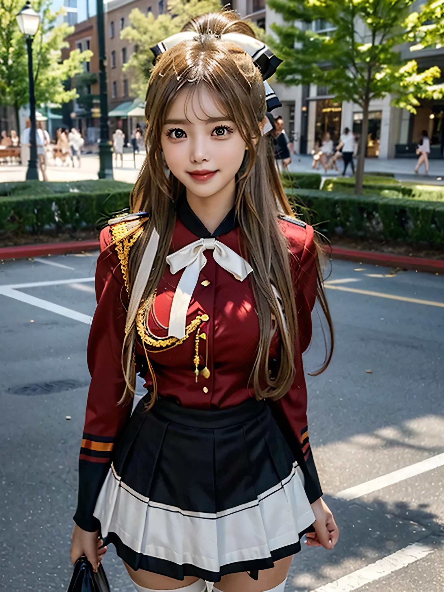 masterpiece, Best Quality, 8K、highres, Sento Isuzu, 1girl, ponytail, (Golden Ratio Face、Balanced eyes、very gentle eyelids)、double eyelid、Beautiful nasal muscles、Shy laughter、Lip Gloss 、Very beautiful girl、Beautiful girl solo like a model、View photographer, hair bow, brown eyes, uniform, red shirt, red uniform, aiguillette, black mini skirt, mini skirt, white thighhighs, amusement park, standing, cowboy shot, sexy pose, dynamic pose, medium breasts, naughty smile, cheerful expression, arms on top,