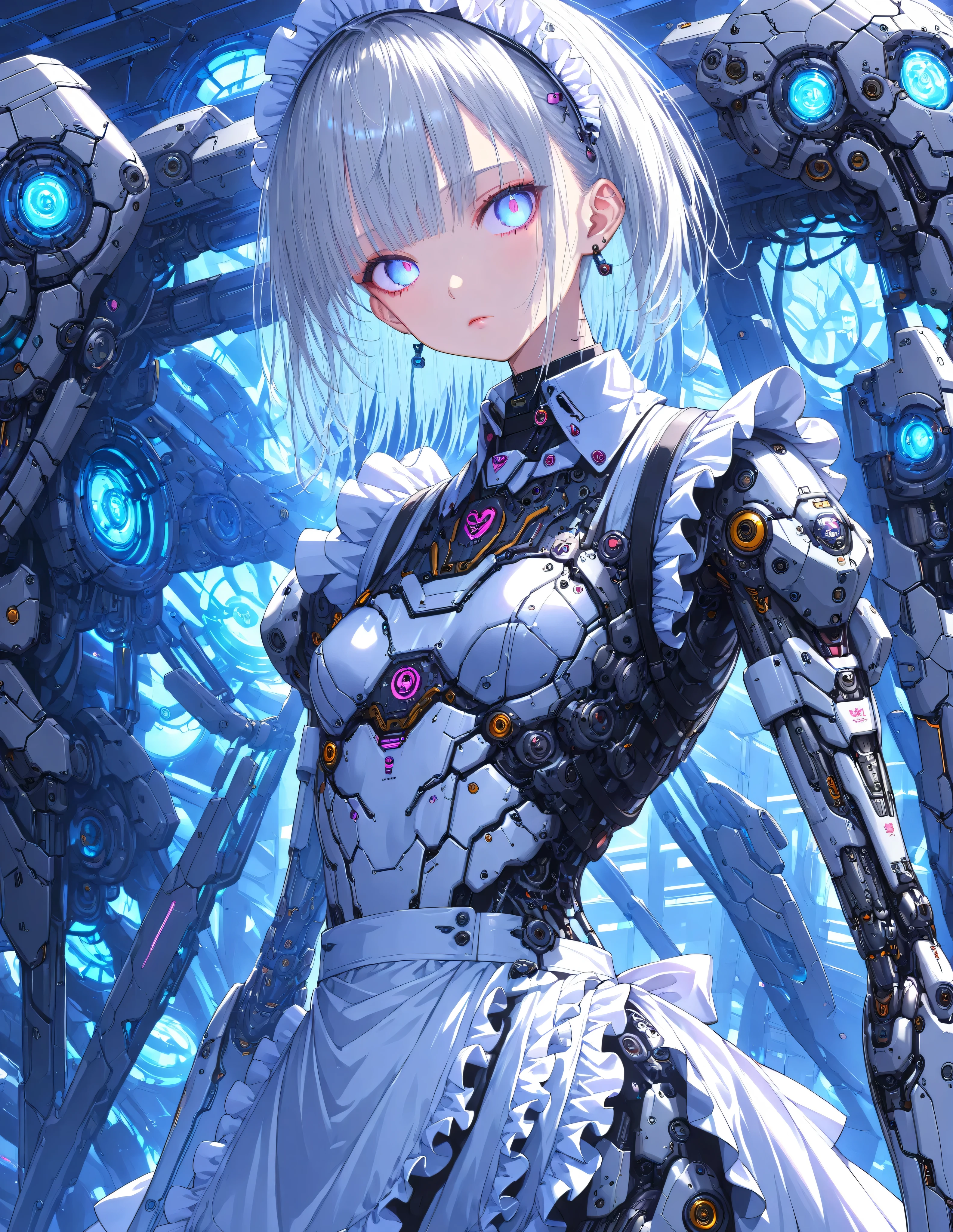Masterpiece,Top quality,High resolution,Super definition illustration,detailed background,detailed skin,detailed face,detailed eye,sci-fi,cyberpunk,1-girl,cyborg,(skinny:1.2),small chest,(expressionless:1.2),(maid :1.6),(maid apron:1.4), silver hair, white eyes, partially human skin,(mechanical power suit:1.4),(mechanical joints:1.2),(mechanical body suit, mechanical arms, mechanical wings:1.2),
(Mechanical Background:1.4),(Mechanical Background:1.4), Android Laboratory, Metallic Luster,(Glowing Neon:1.2), Cinematic Angle