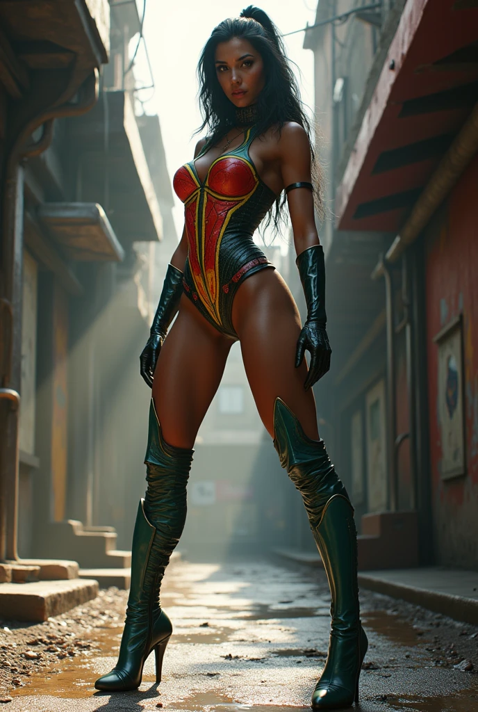 a 3d rendering of a woman in a red costume, epic 3 d oshun, cinematic goddess body shot, epic 3 d yemaya, modeled in poser, character posing, very sexy devil outfit, red skintight leather armor, skintight red leather armor, 8 k uhd poser, posing for a fight intricate, villain pose, full body shot hyperdetailed