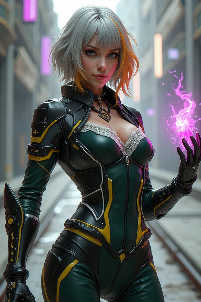 1girl, short white hair(punk), glowing eyes, pink eyes, pale skin, blue veins, wearing leather bodice, steampunk, Expression: Cruelty and a hint of a smile, Background: Science Laboratory lit by sparks of electricity, intricate detail, chiaroscuro, absurdres, high res, ultrasharp, 8k, masterpiece, looking at viewer