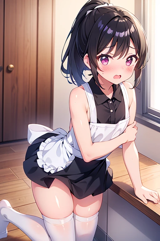 Highest quality,One girl,((((:1.3)))))),Curvy,orgasm,blush, Sweat,Black Hair,Hair Ribbon,((Maid)),mini skirt,Cafe,((Lift up your skirt,Under the skirt,Small Vagina,Shaved:1.1)),White knee-high socks,Arisu Tachibana