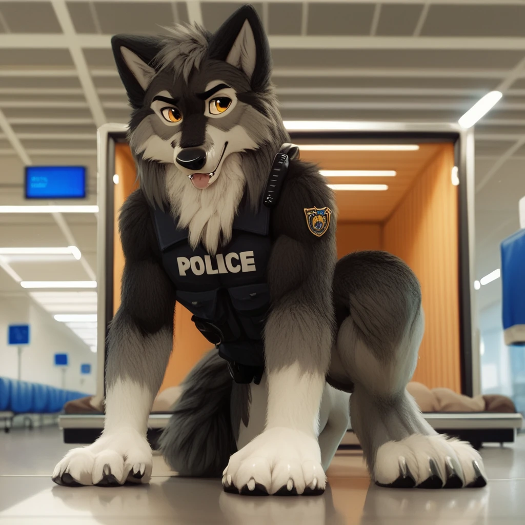 score_9, score_8_up, score_7_up, score_6_up,  adult, very long haired, anthro, furry, wolf, wearing a black police vest, airport cargo room, walking on all fours, crouching, quadruped 