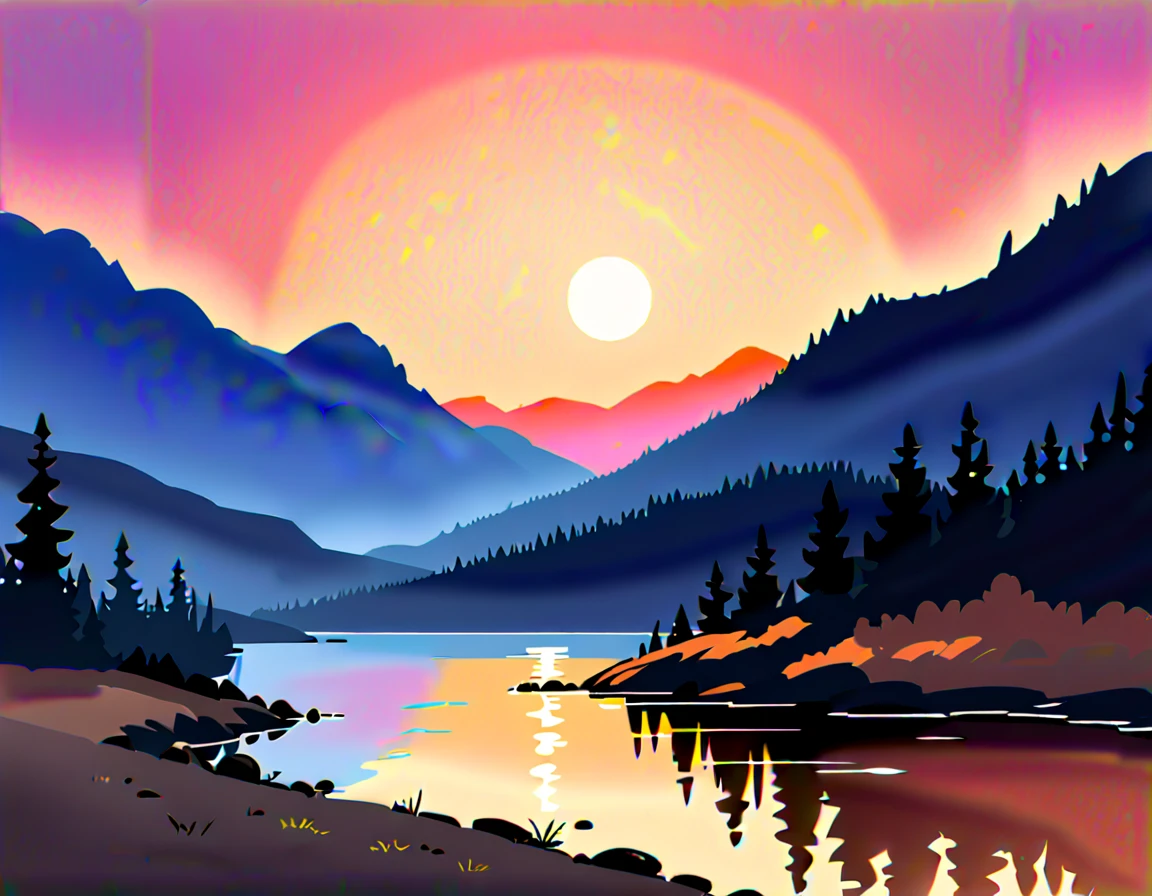 Highest quality, high resolution, best composition, nature, landscape of the sunset sinking behind the mountain ridge and lake, watercolor landscape, large sunset, moon in the sky, background moon, intense watercolor, magnificent red-orange moonlight, feel-good painting, watercolor art, beautiful natural scenery.