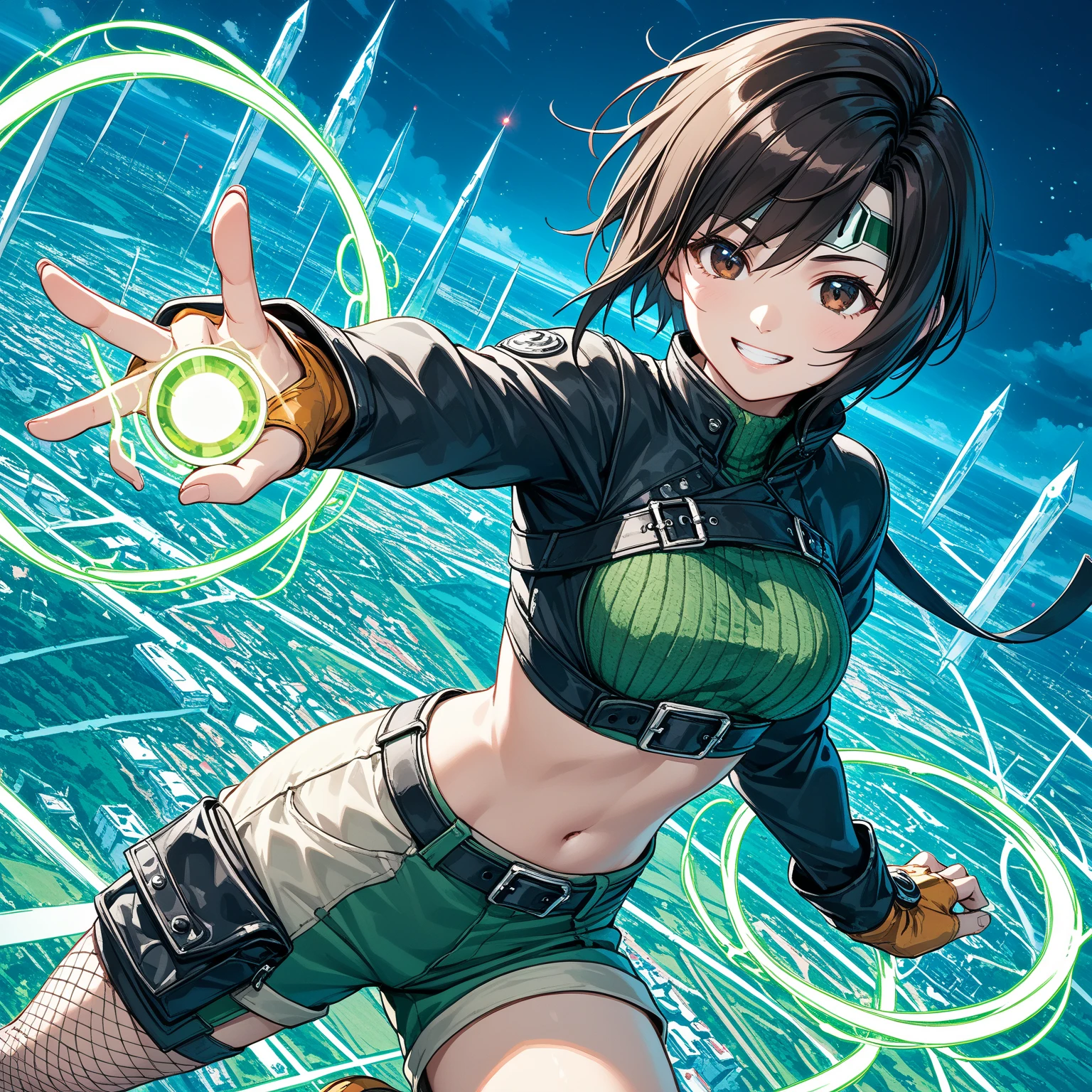 ,solo,1girl\(cute,kawaii,(FFYuffie:1.3),big eyes,grin,smirk,brown hair, short hair, brown eyes, fishnets, ninja outfit, midriff, perky breasts, slim body,(dynamic pose:1.3),holding beautiful orb\(materia,crystal\)\). (from above), background\(midnight,,dark night,cyberpunk,steampunk,huge Factory\),(dynamic angle:1.3),,landscape. score_9, score_8_up, score_7_up, score_6_up, score_5_up, score_4_up, source_anime,source_furry,rating_safe,rating_questionable,masterpiece, best quality, perfect anatomy , very aesthetic , absurdres ,