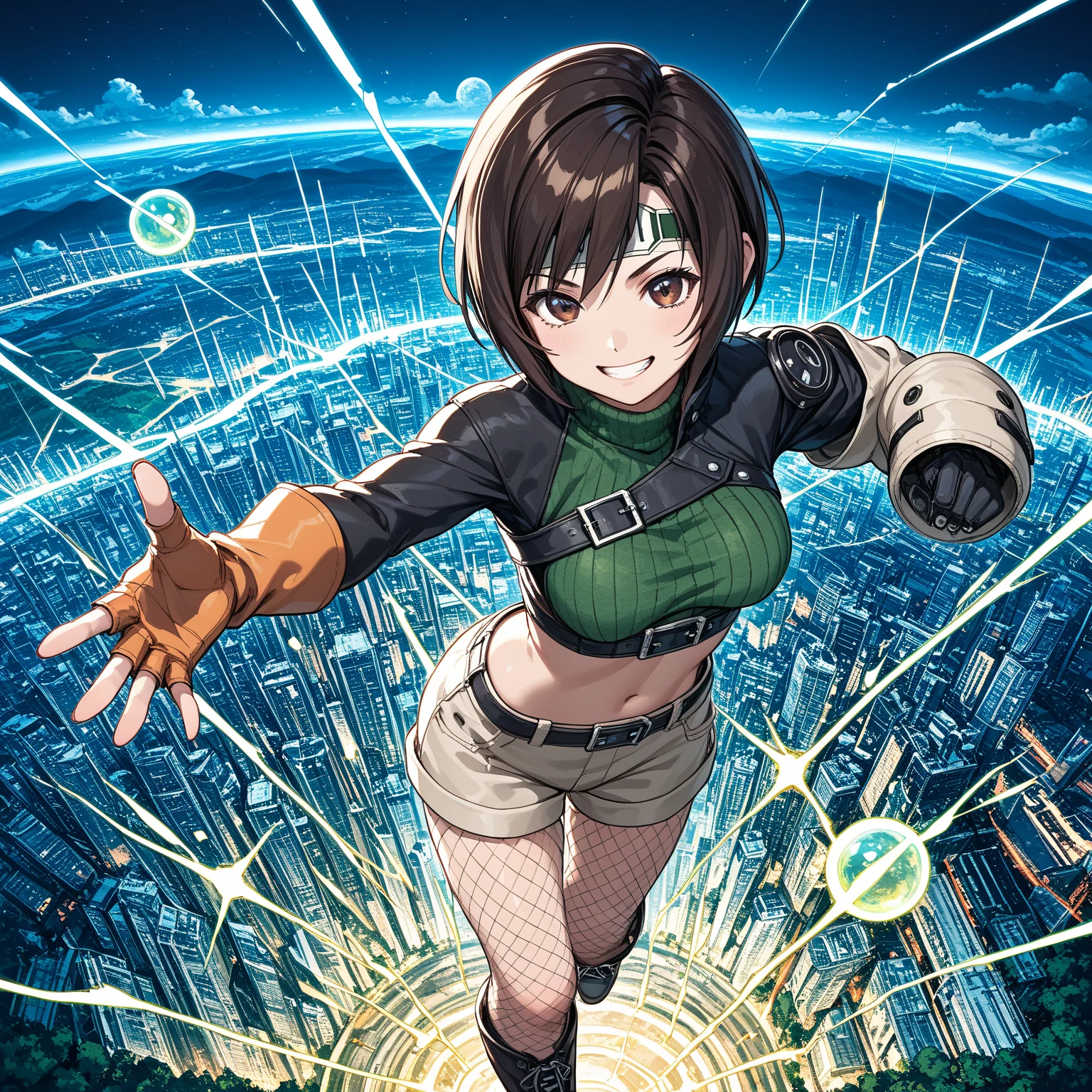 ,solo,1girl\(cute,kawaii,(FFYuffie:1.3),big eyes,grin,smirk,brown hair, short hair, brown eyes, fishnets, ninja outfit, midriff, perky breasts, slim body,(dynamic pose:1.3),holding beautiful orb\(materia,crystal\)\). (from above), background\(midnight,,dark night,cyberpunk,steampunk,huge Factory\),(dynamic angle:1.3),,landscape. score_9, score_8_up, score_7_up, score_6_up, score_5_up, score_4_up, source_anime,source_furry,rating_safe,rating_questionable,masterpiece, best quality, perfect anatomy , very aesthetic , absurdres ,