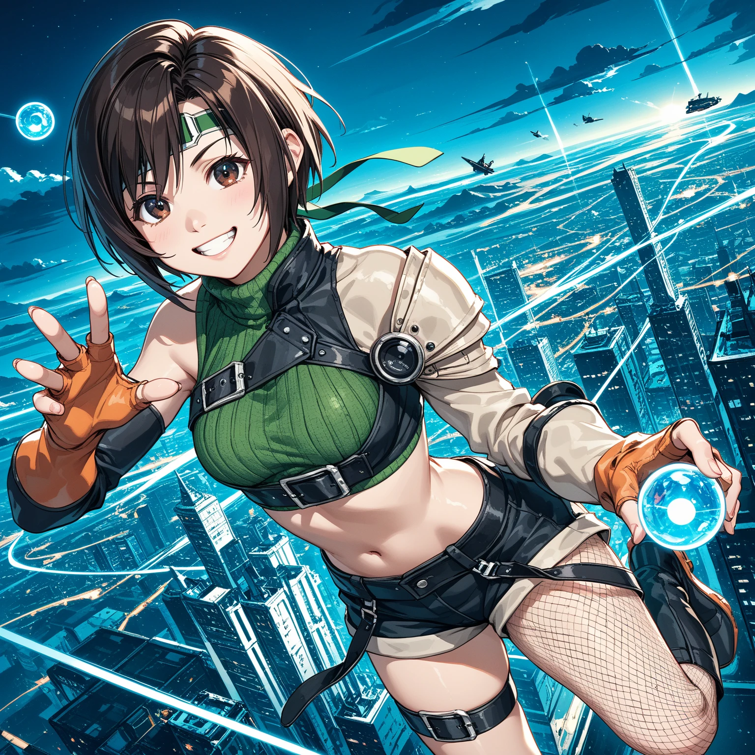 ,solo,1girl\(cute,kawaii,(FFYuffie:1.3),big eyes,grin,smirk,brown hair, short hair, brown eyes, fishnets, ninja outfit, midriff, perky breasts, slim body,(dynamic pose:1.3),holding beautiful orb\(materia,crystal\)\). (from above), background\(midnight,,dark night,cyberpunk,steampunk,huge Factory\),(dynamic angle:1.3),,landscape. score_9, score_8_up, score_7_up, score_6_up, score_5_up, score_4_up, source_anime,source_furry,rating_safe,rating_questionable,masterpiece, best quality, perfect anatomy , very aesthetic , absurdres ,