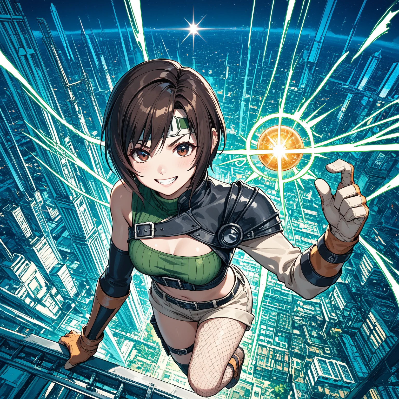 ,solo,1girl\(cute,kawaii,(FFYuffie:1.3),big eyes,grin,smirk,brown hair, short hair, brown eyes, fishnets, ninja outfit, midriff, perky breasts, slim body,(dynamic pose:1.3),holding beautiful orb\(materia,crystal\)\). (from above), background\(midnight,,dark night,cyberpunk,steampunk,huge Factory\),(dynamic angle:1.3),,landscape. score_9, score_8_up, score_7_up, score_6_up, score_5_up, score_4_up, source_anime,source_furry,rating_safe,rating_questionable,masterpiece, best quality, perfect anatomy , very aesthetic , absurdres ,