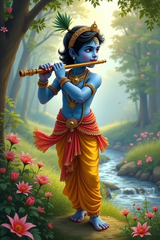 a lord krishna sitting and playing flute, detailed face and hands, beautiful ornaments, intricate details, serene expression, traditional indian clothing, lush garden background, golden light, dramatic lighting, cinematic composition, digital art, highly detailed, photorealistic, award winning art, masterpiece