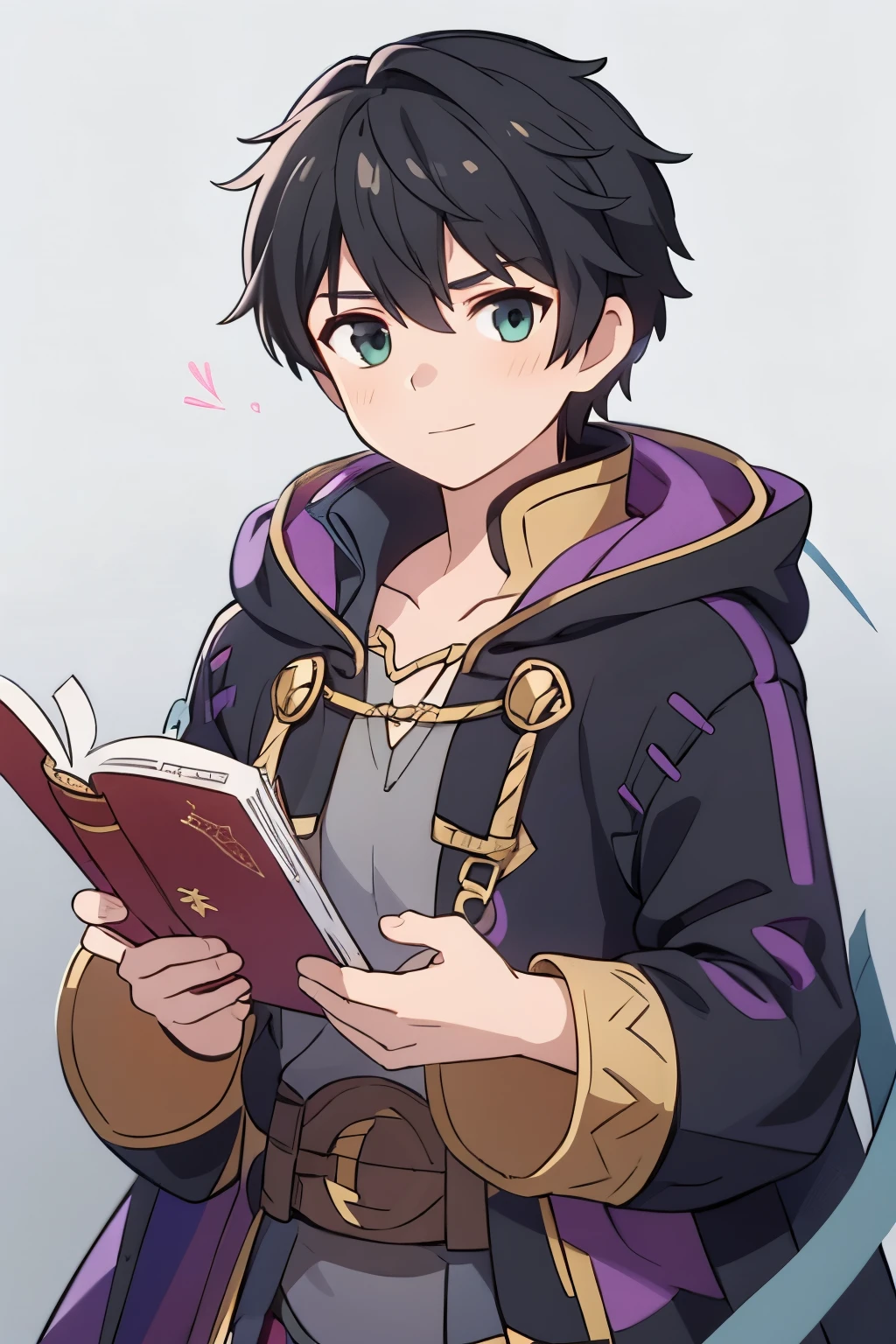 (high-quality, breathtaking),(expressive eyes, perfect face) 1boy, male, solo, portrait, Fire Emblem Awakening, Symmetrical Eyes, open field background, Robin (Fire Emblem: Awakening), black hair, medium hair length, spiked wavy hair, hair ornament, upper body, green eyes, Black and purple robe, gold trim, hood, white shirt, brown belt, positive expression, soft cute smile, detailed eyes, short height, Cult of Grima, Fell Dragon Grima, Arms down, male robin (fire emblem), braided bang, ribbon in hair, grey background, gradient background, small, holding a book