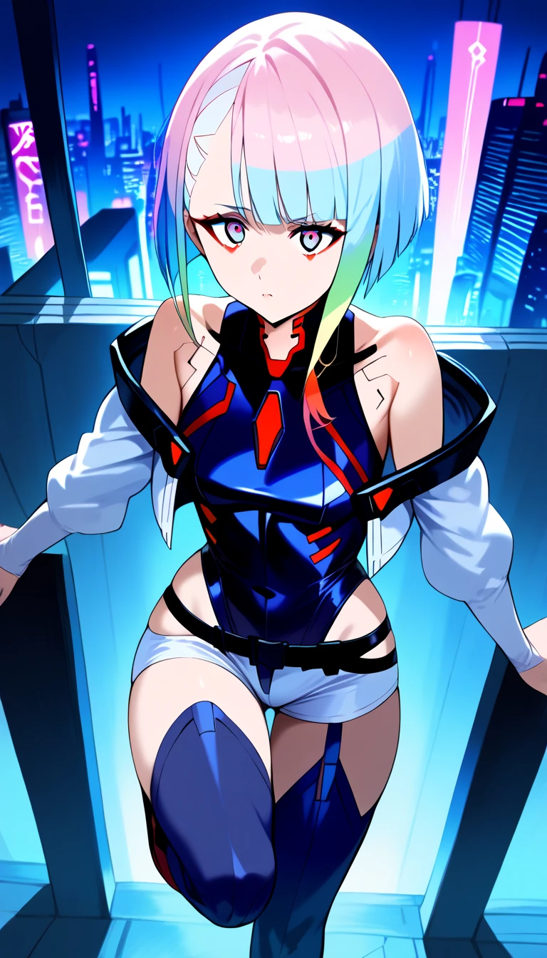 score_9, score_8_up, score_7_up, score_6_up, score_5_up, score_4_up, source_anime, BREAK, 1girl, lucy, short hair, bangs, multicolored hair, multicolored eyes, red eyeliner, makeup, bare shoulders, black belt, bodysuit, highleg leotard, white open jacket, white short shorts, hip vent, thighhighs, cyberpunk, city, dark, night, neon lights, (perspective, deep of field:1.2), leaning forward, medium breast, outdoors, (above:1.2), cityscape, rooftop, pov, wind, make up ,holding railing, side view, (leg up:1.2)