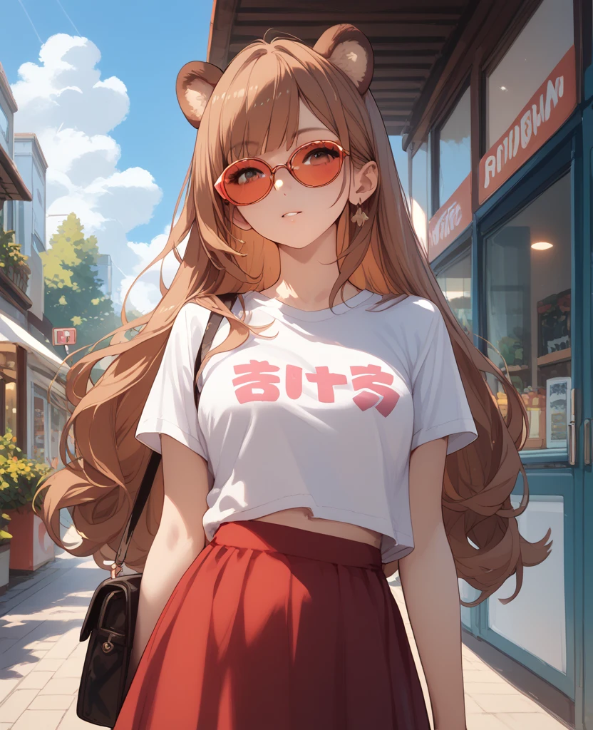 1 girl, solo, long brown hair, ears like a tanuki, fluffy tail like a tanuki, in a white T-shirt and a red skirt, Wearing stylish sun glasses, go to shopping in Moscow