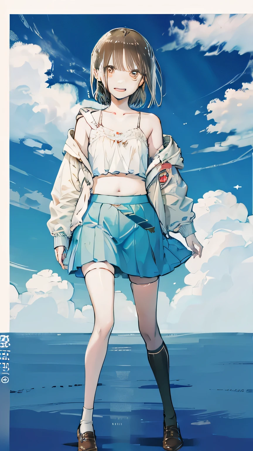 4K, masterpiece, 8k, High image quality, 最High image quality, Nice elementary school student, Very white skin, Brown long hair,a bit,Low length,freckle,Sparse eyebrows,Straight bangs,(Flat Chest) ,Feminization, , Elegant, Elegant, Nice, smile, Nice, , belly button, Denim low waist mini skirt, ((Black knee socks)), (Ugly clothes)、((Blue sky and white clouds background))