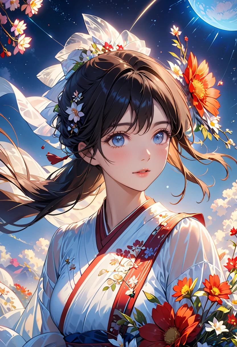  best quality,  best quality, 8k,  very detailed, Delicate, dynamic  ,  Very Delicate Expression ,  delicate eye depiction,  upper body close-up, Healthy body shape, 22-year-old woman, Aristocratic woman,  170 cm , Colorful floral decoration, Wrap the whole body in a translucent cloth, Colorful long dresses,  I'm looking at this,  starry sky , meteor, planet,  detailed illustrated art including backgrounds,