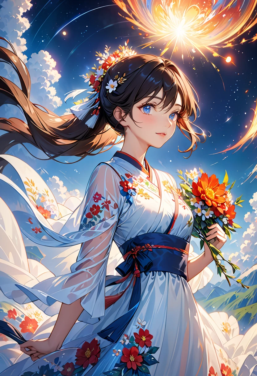  best quality,  best quality, 8k,  very detailed, Delicate, dynamic  ,  Very Delicate Expression ,  delicate eye depiction,  upper body close-up, Healthy body shape, 22-year-old woman, Aristocratic woman,  170 cm , Colorful floral decoration, Wrap the whole body in a translucent cloth, Colorful long dresses,  I'm looking at this,  starry sky , meteor, planet,  detailed illustrated art including backgrounds,