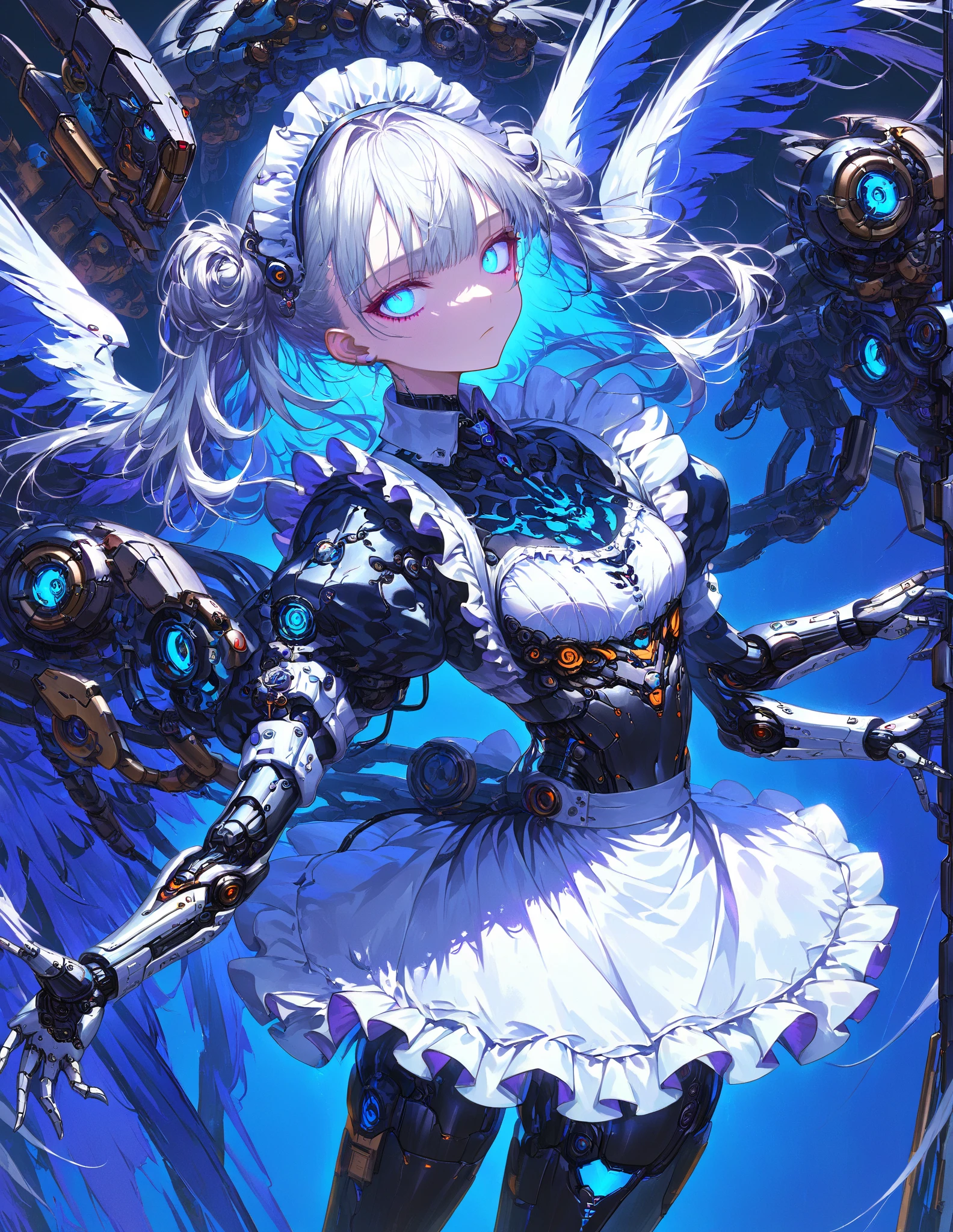 Masterpiece,Top Quality,High Resolution,Ultra-Definition Illustration,detailed background,detailed skin,detailed face,detailed eye,sci-fi,cyberpunk,1-girl,cyborg,small chest,(expressionless:1.2),(maid:1.6),(maid Apron:1.4), Silver hair, White eyes, Partially human skin, Beautiful legs, Mechanical power suit, Mechanical body suit, Mechanical arms, Mechanical wings
(Mechanical Background:1.4),(Mechanical Background:1.4), Android Laboratory, Metallic Luster,(Glowing Neon:1.2), Cinematic Angle