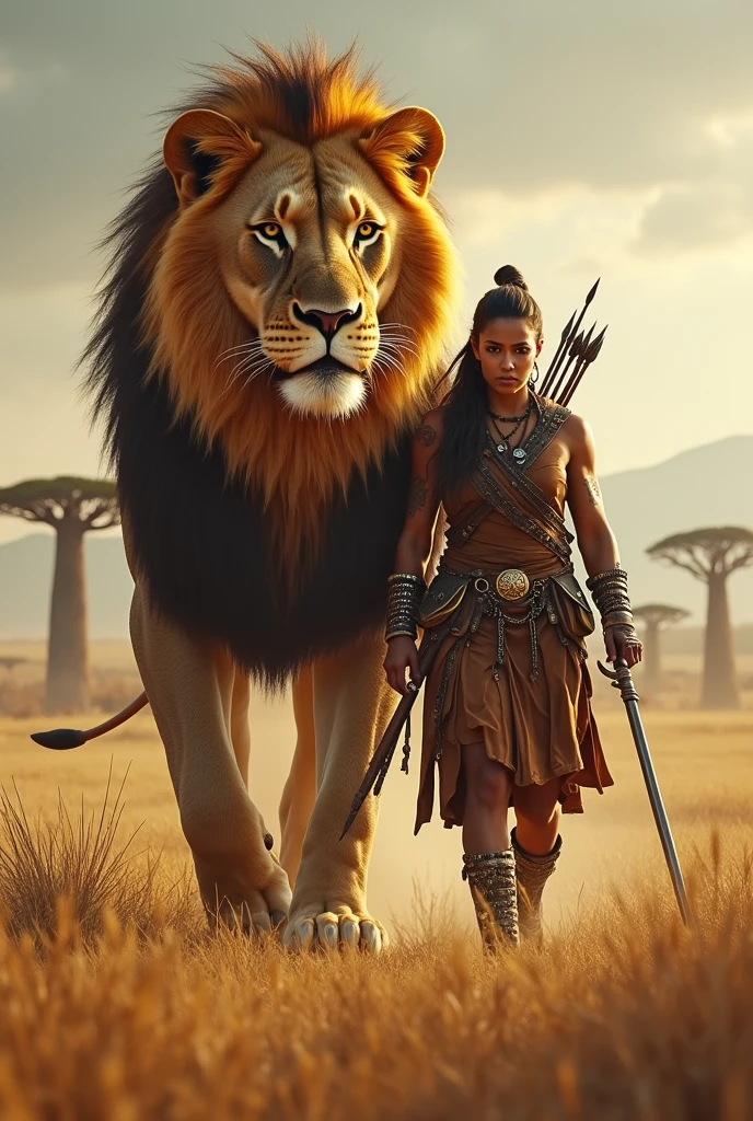 a woman dresed in animal skins walking in a savannah, masterpiece, perfect hands<lora:Pierre_Joubert_v2:0.7> pierre_joubert