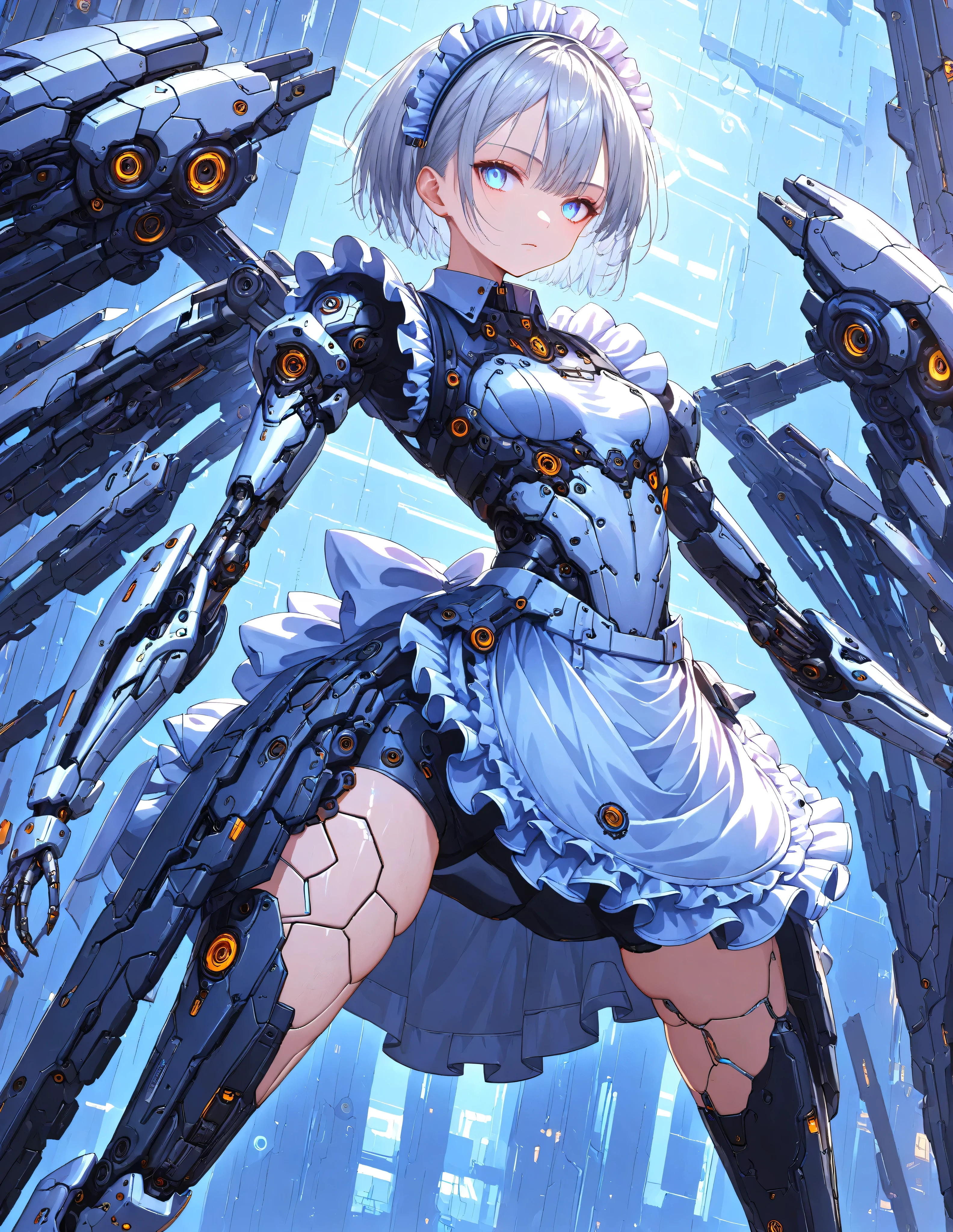 Masterpiece,Top quality,High resolution,Super definition illustration,detailed background,detailed skin,detailed face,detailed eye,sci-fi,cyberpunk,1-girl,cyborg,(skinny:1.2),small chest,(expressionless:1.2),(maid :1.6),(Maid Apron:1.4), Silver hair, White eyes, Partially human skin, Clean legs, Mechanical power suit,(Mechanical joints:1.2), Mechanical body suit, Mechanical arms, Mechanical wings:1.2),
(Mechanical Background:1.4),(Mechanical Background:1.4), Android Laboratory, Metallic Luster,(Glowing Neon:1.2), Cinematic Angle