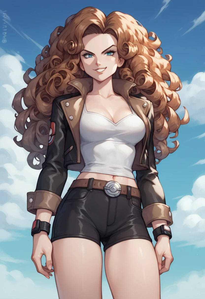 a woman in her 20, she has curly brown darkish hair, brown curly hair, (curly hair) long hair, no fring, she has a biker black shorts, pale skin, with a smug attitude, she has a powerful aura, with hazelnut color eyes, wears a white blouse and a black polyester jacket with a white logo, she has small breast, she is in the style of drawing of pokemon, (ken sugimori style), very defiant pose, pokemon humans style, simple style