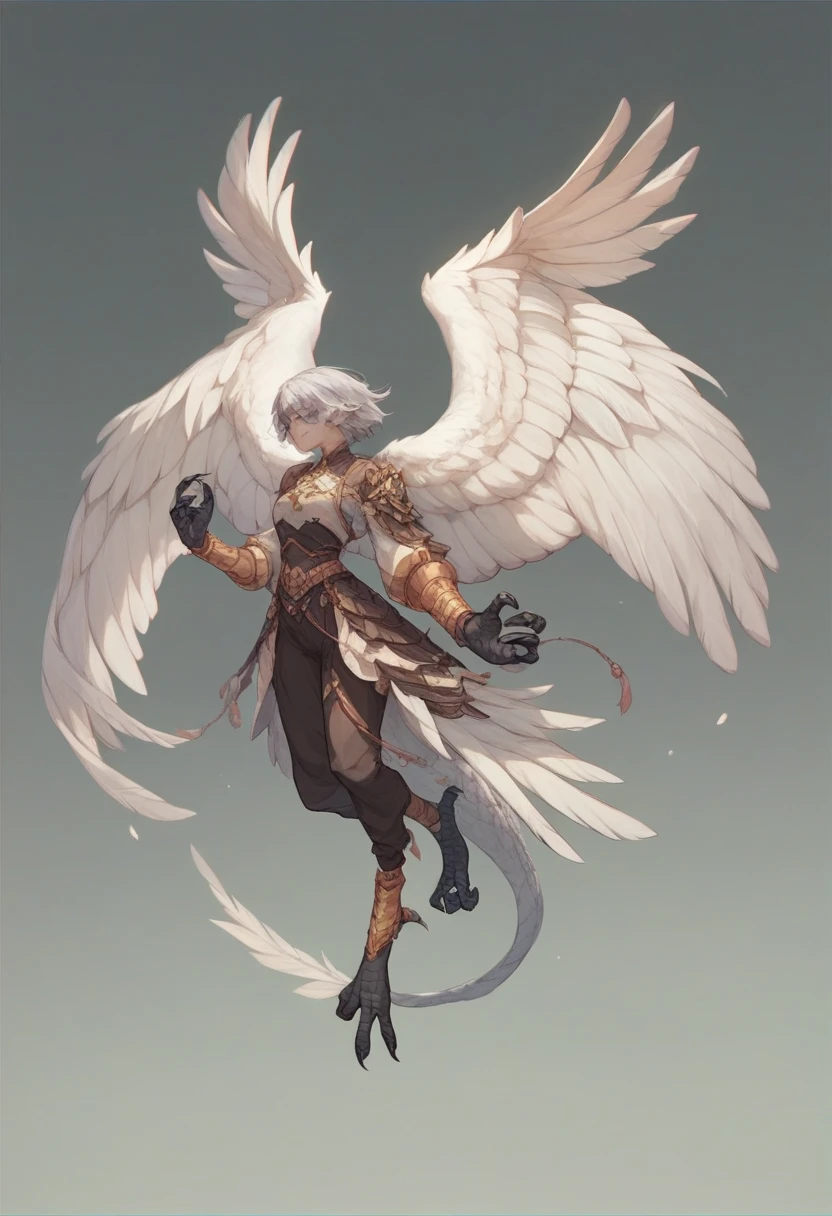 Harpie、full body、1 Girl、 silver hair、 white feathers mixed with black、 limbs covered in scales、 bird foot、feathered arms ,Feathered body 、 not wearing clothes