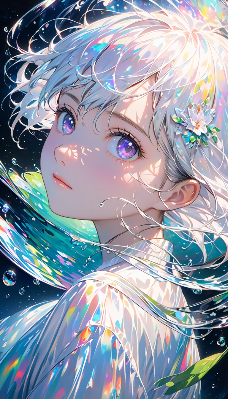    girl with short white hair is swimming in the starry sky ,   ultra high resolution rendering style  ,Shine,   purple   ,green,Brush,Realistic oil painting,Shine瞳,     head close-up     ,     Exaggerated Perspective          ,     Tyndall effect,     water drop   ,Pearl shell iridescence,     Holographic White     ,     black background，Chamber mint ,Komori Meto,Fleeting Expression