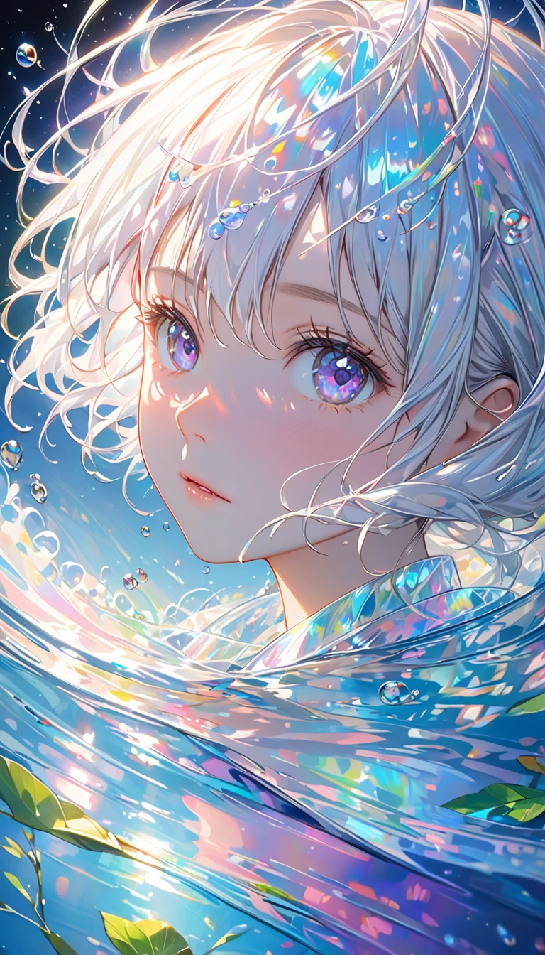    girl with short white hair is swimming in the starry sky ,   ultra high resolution rendering style  ,Shine,   purple   ,green,Brush,Realistic oil painting,Shine瞳,     head close-up     ,     Exaggerated Perspective          ,     Tyndall effect,     water drop   ,Pearl shell iridescence,     Holographic White     ,     black background，Chamber mint ,Komori Meto,Fleeting Expression