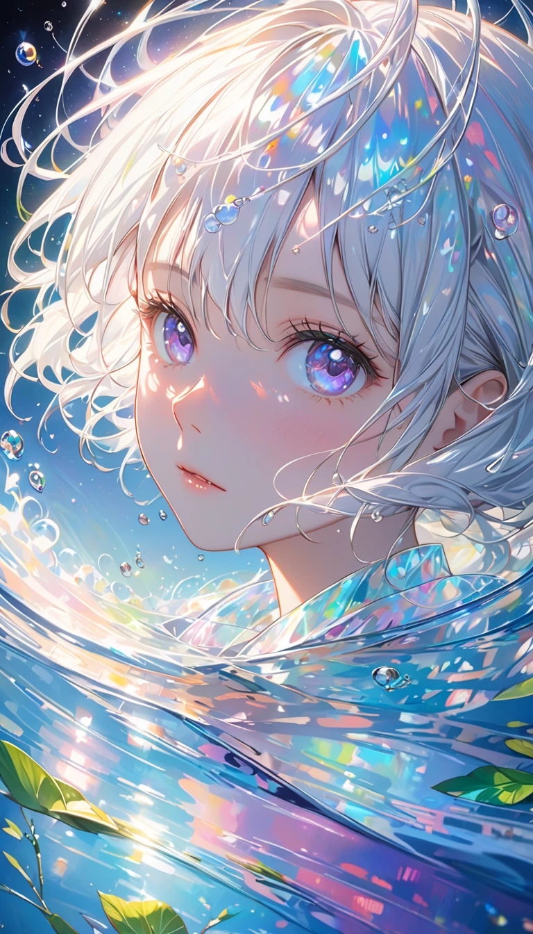    girl with short white hair is swimming in the starry sky ,   ultra high resolution rendering style  ,Shine,   purple   ,green,Brush,Realistic oil painting,Shine瞳,     head close-up     ,     Exaggerated Perspective          ,     Tyndall effect,     water drop   ,Pearl shell iridescence,     Holographic White     ,     black background，Chamber mint ,Komori Meto,Fleeting Expression