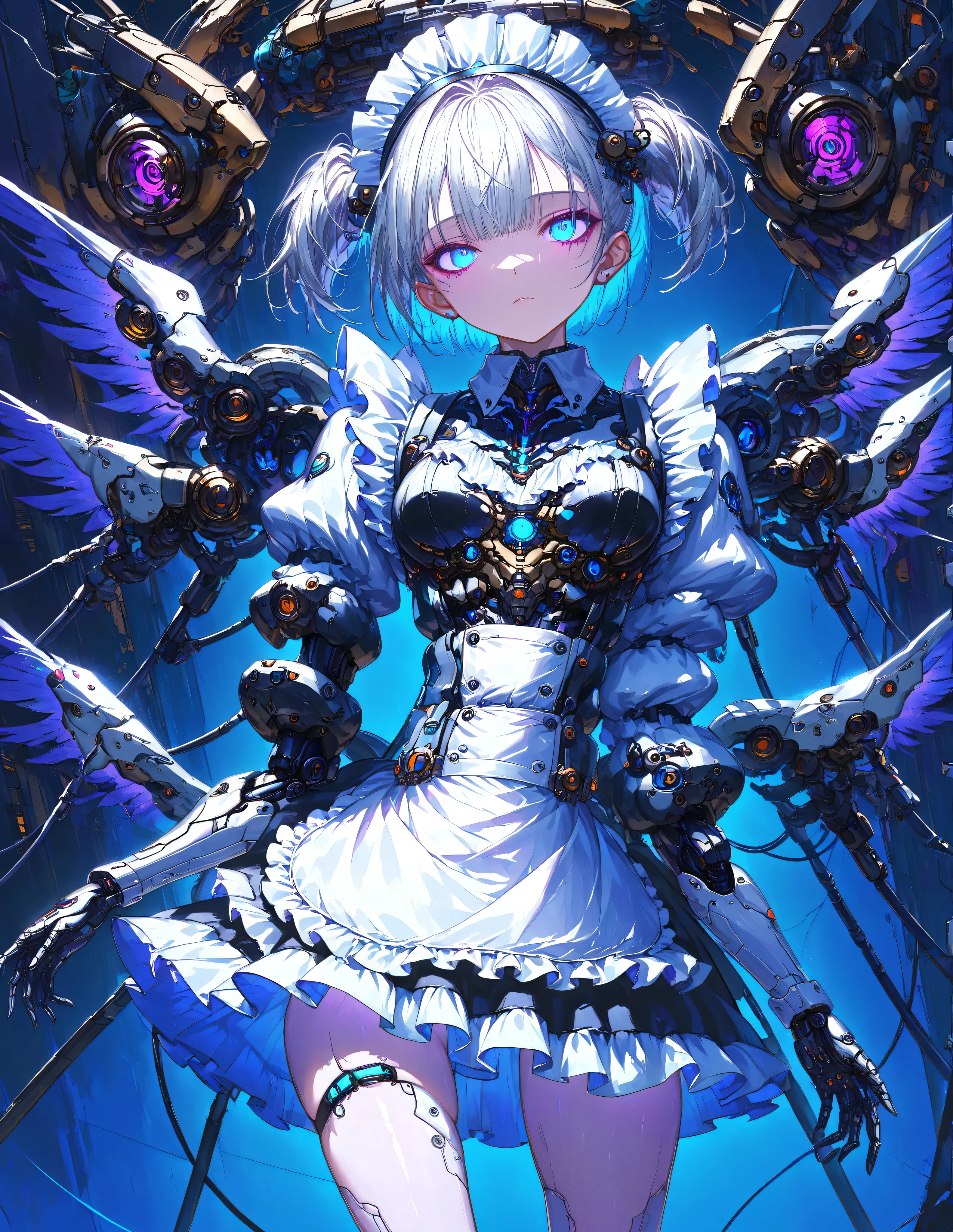 Masterpiece,Top Quality,High Resolution,Ultra-Definition Illustration,detailed background,detailed skin,detailed face,detailed eye,sci-fi,cyberpunk,1-girl,cyborg,small chest,(expressionless:1.2),(maid:1.6),(maid Apron:1.4), Silver hair, White eyes, Partially human skin, Beautiful legs, Mechanical power suit, Mechanical body suit, Mechanical arms, Mechanical wings
(Mechanical Background:1.4),(Mechanical Background:1.4), Android Laboratory, Metallic Luster,(Glowing Neon:1.2), Cinematic Angle