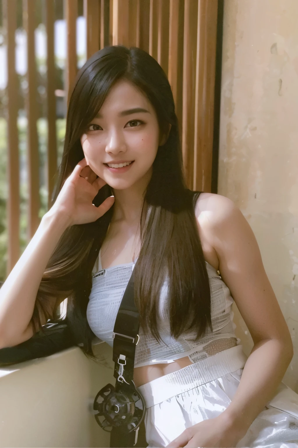 (Big Tits)、nsfw、(((Spread legs:1.3)))、(full body)、Night in the park、camisole、Shorts、Downlight、double eyelid、Highest quality, Very detailed, Fine details, High resolution, 8k, Perfect dynamic composition, Beautiful details, ,Natural color lip, smile,Beautiful 20 year old woman、 Cute type、Long black hair、Glamorous Body、night、sunset、ponytail、Two arms、On the bench