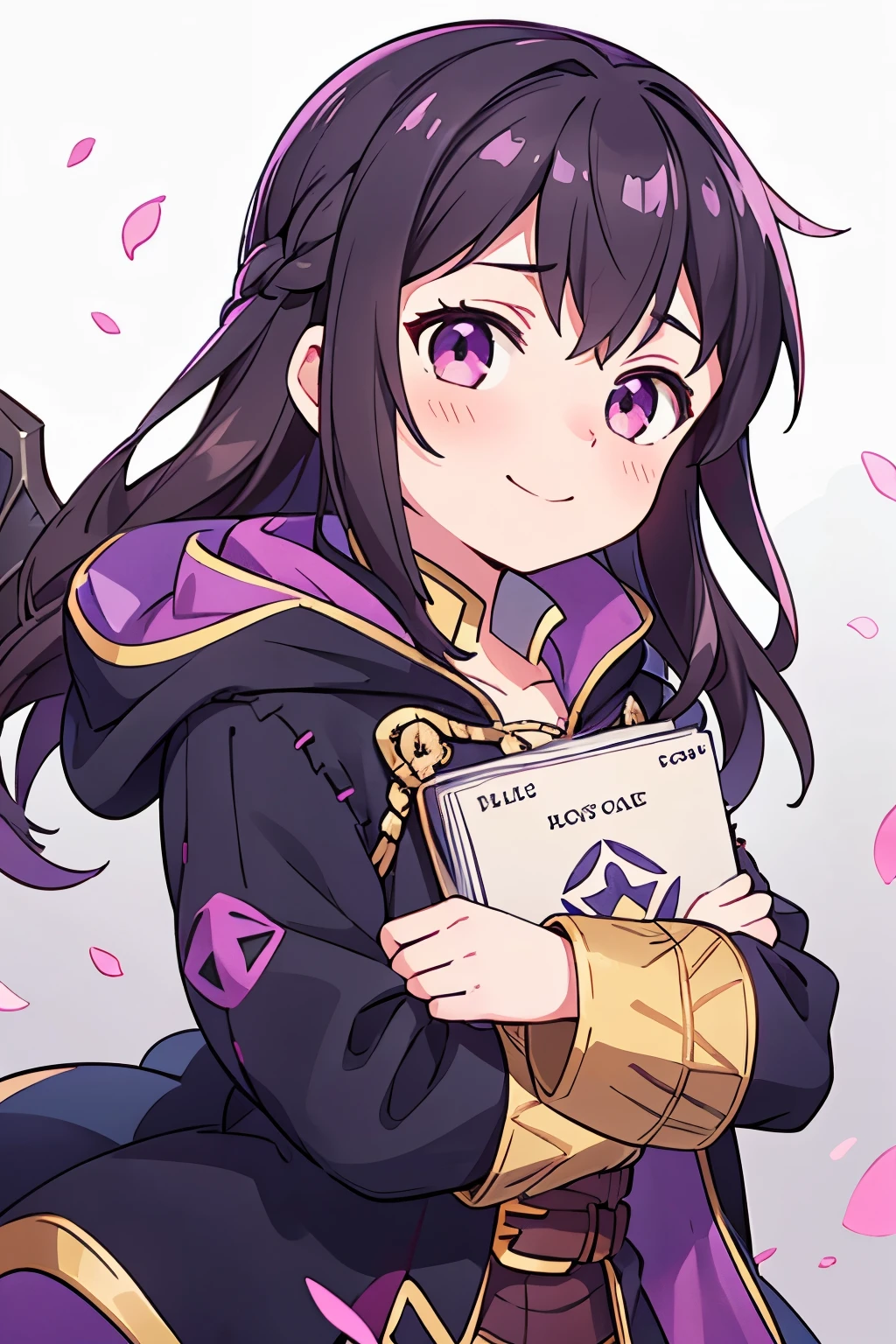 (high-quality, breathtaking),(expressive eyes, perfect face) 1girl, female, solo, portrait, Fire Emblem Awakening, Symmetrical Eyes, open field background, Robin (Fire Emblem: Awakening), dark Brown hair color, long hair length, messy wavy hair, hair ornament, upper body, pink eyes, Black and purple robe, gold trim, hood, white shirt, brown belt, positive expression, cute smile, detailed eyes, adorable face, short height, Cult of Grima, Fell Dragon Grima, Arms down, female robin (fire emblem), dark brown hair, flower petals, braided bang, ribbon in hair, grey background, gradient background, small, holding a book
