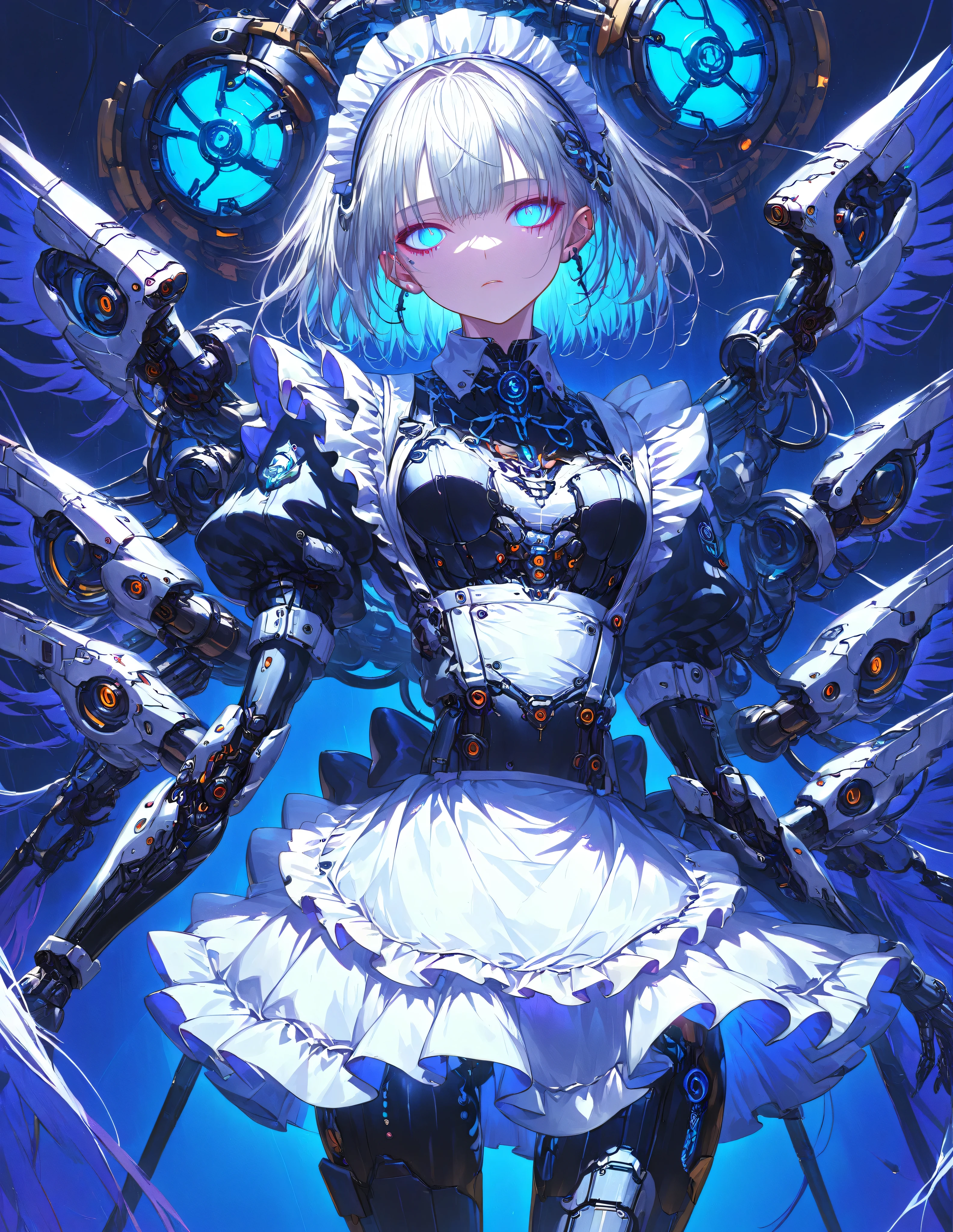 Masterpiece,Top Quality,High Resolution,Ultra-Definition Illustration,detailed background,detailed skin,detailed face,detailed eye,sci-fi,cyberpunk,1-girl,cyborg,small chest,(expressionless:1.2),(maid:1.6),(maid Apron:1.4), Silver hair, White eyes, Partially human skin, Beautiful legs, Mechanical power suit, Mechanical body suit, Mechanical arms, Mechanical wings
(Mechanical Background:1.4),(Mechanical Background:1.4), Android Laboratory, Metallic Luster,(Glowing Neon:1.2), Cinematic Angle